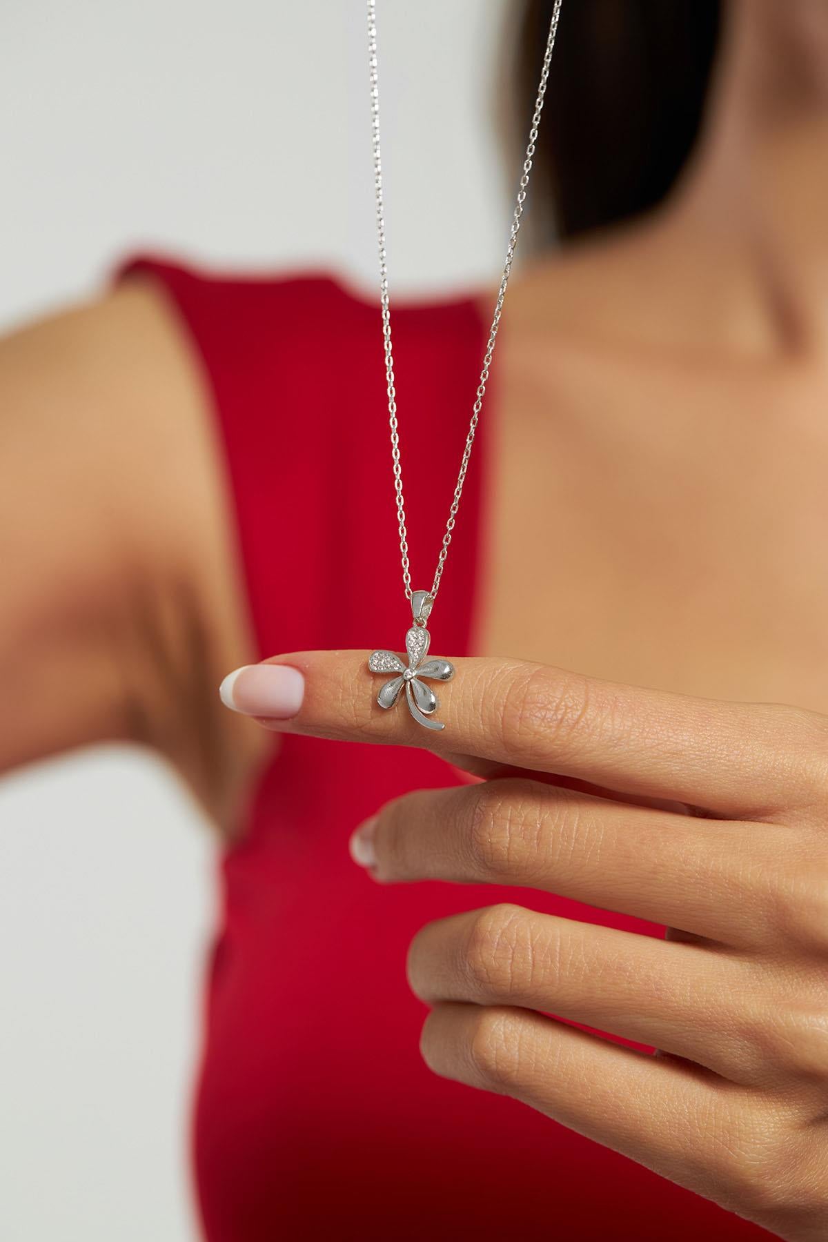 CZ Five Leaf Clover Necklace Rhodium Plated Silver