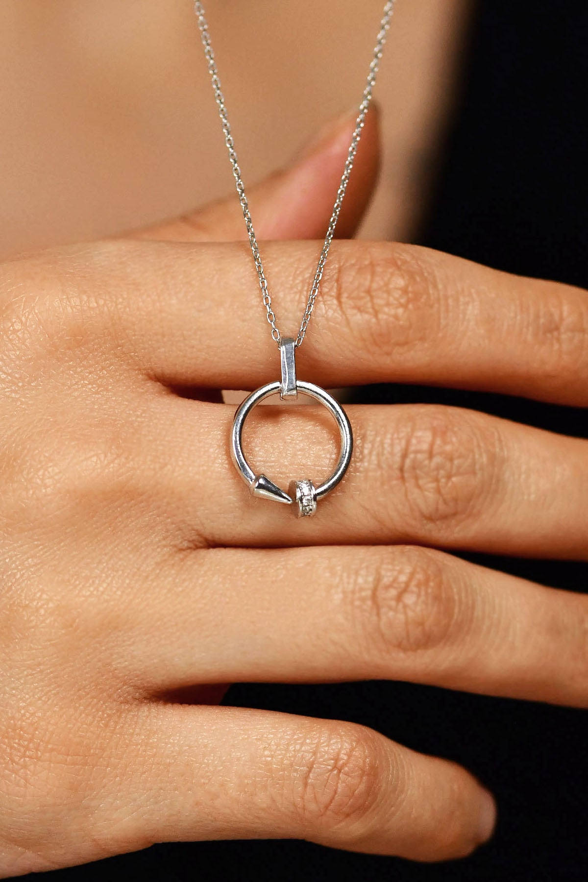 Rhodium Zircon Nail Design Circle Necklace | 925 Silver