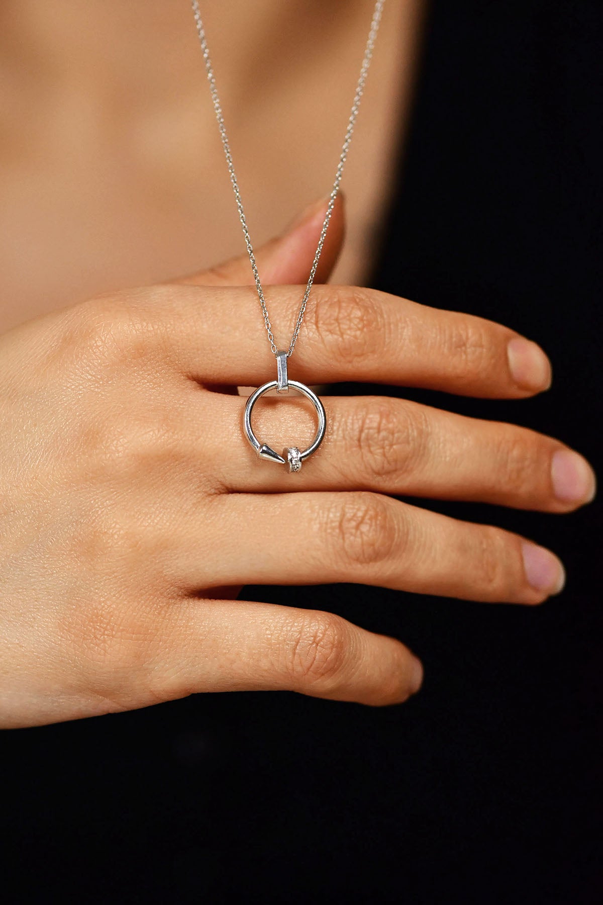 Rhodium Zircon Nail Design Circle Necklace | 925 Silver