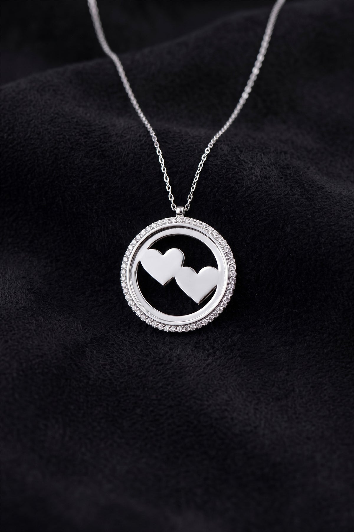 Rhodium Double Heart Name Necklace with Zircon in 925 sterling silver