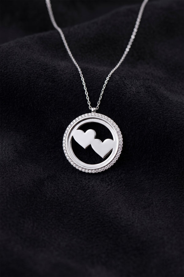 Rhodium Double Heart Name Necklace with Zircon | 925 Silver
