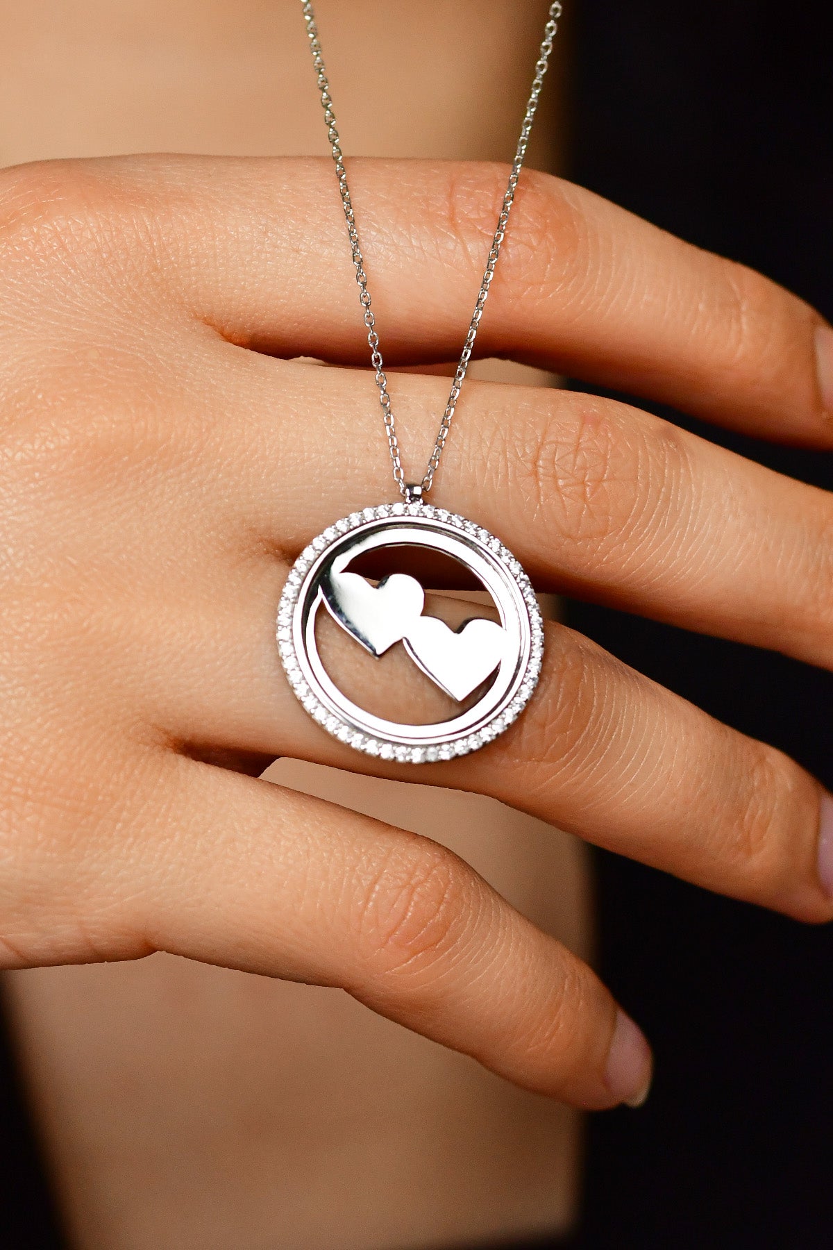 Rhodium Double Heart Name Necklace with Zircon | 925 Silver