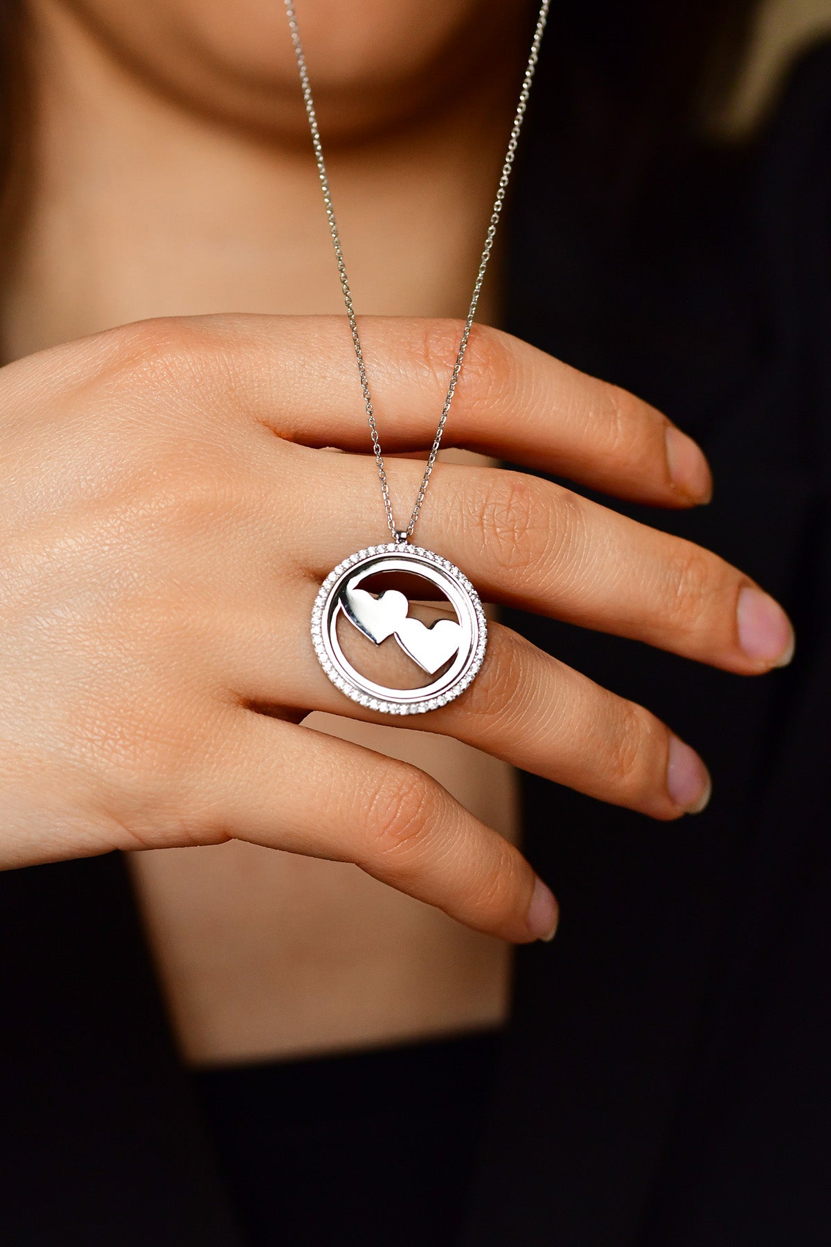 Rhodium Double Heart Name Necklace with Zircon | 925 Silver