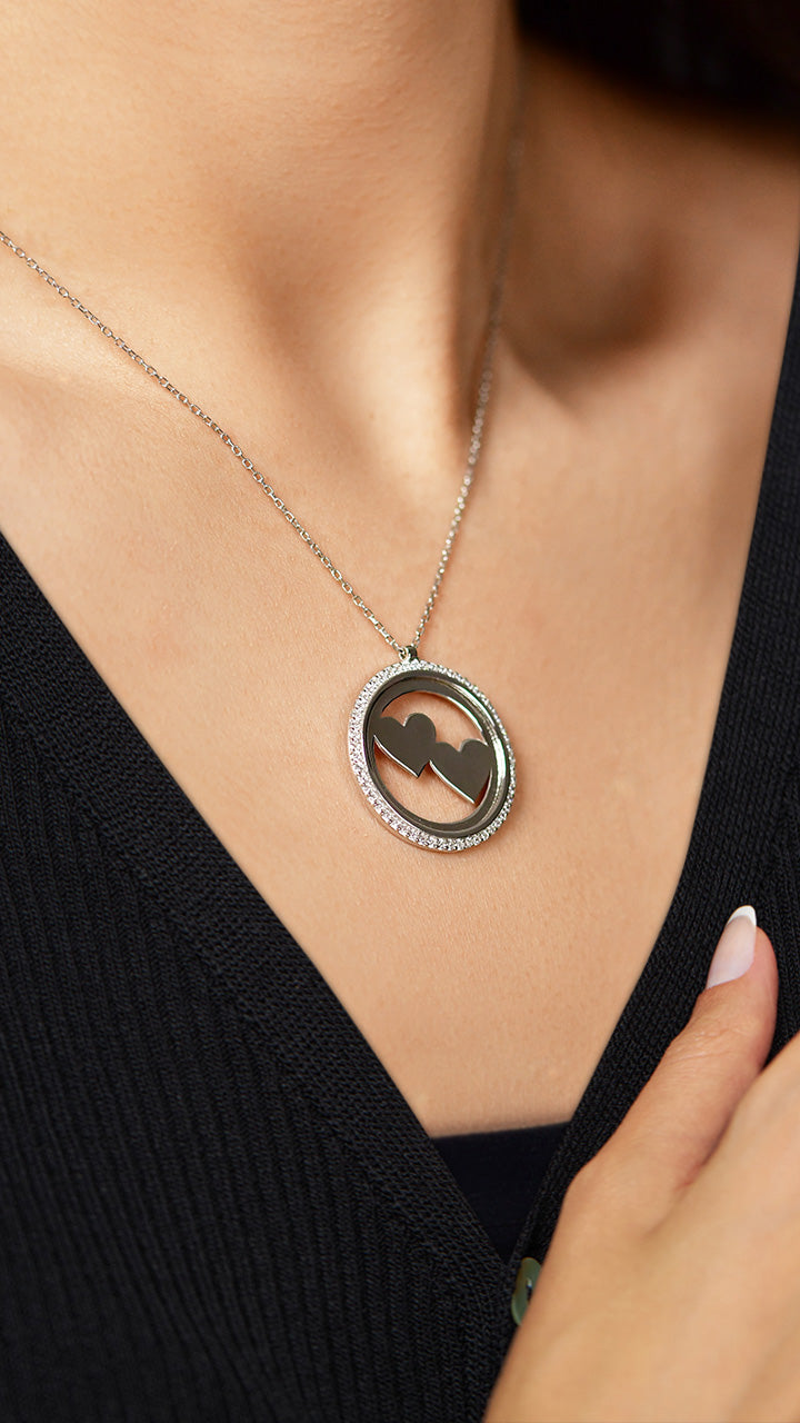 Rhodium Double Heart Name Necklace with Zircon | 925 Silver