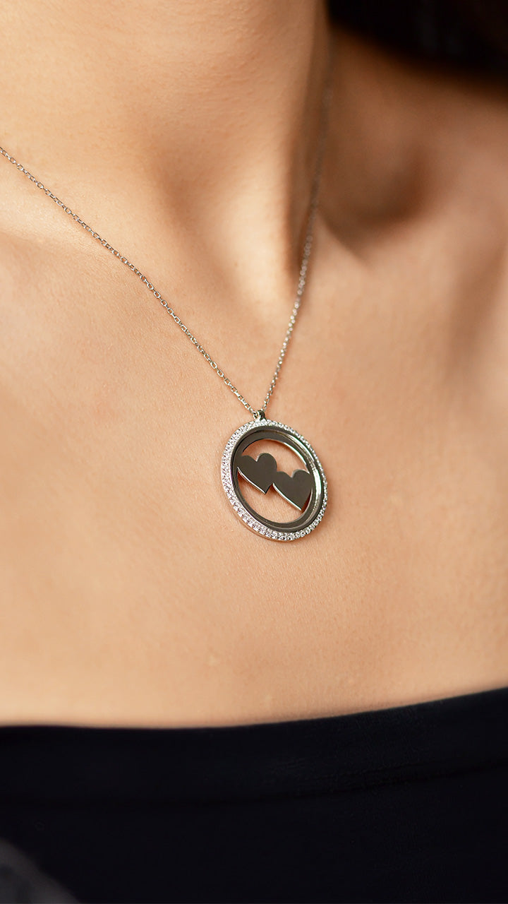 Rhodium Double Heart Name Necklace with Zircon | 925 Silver