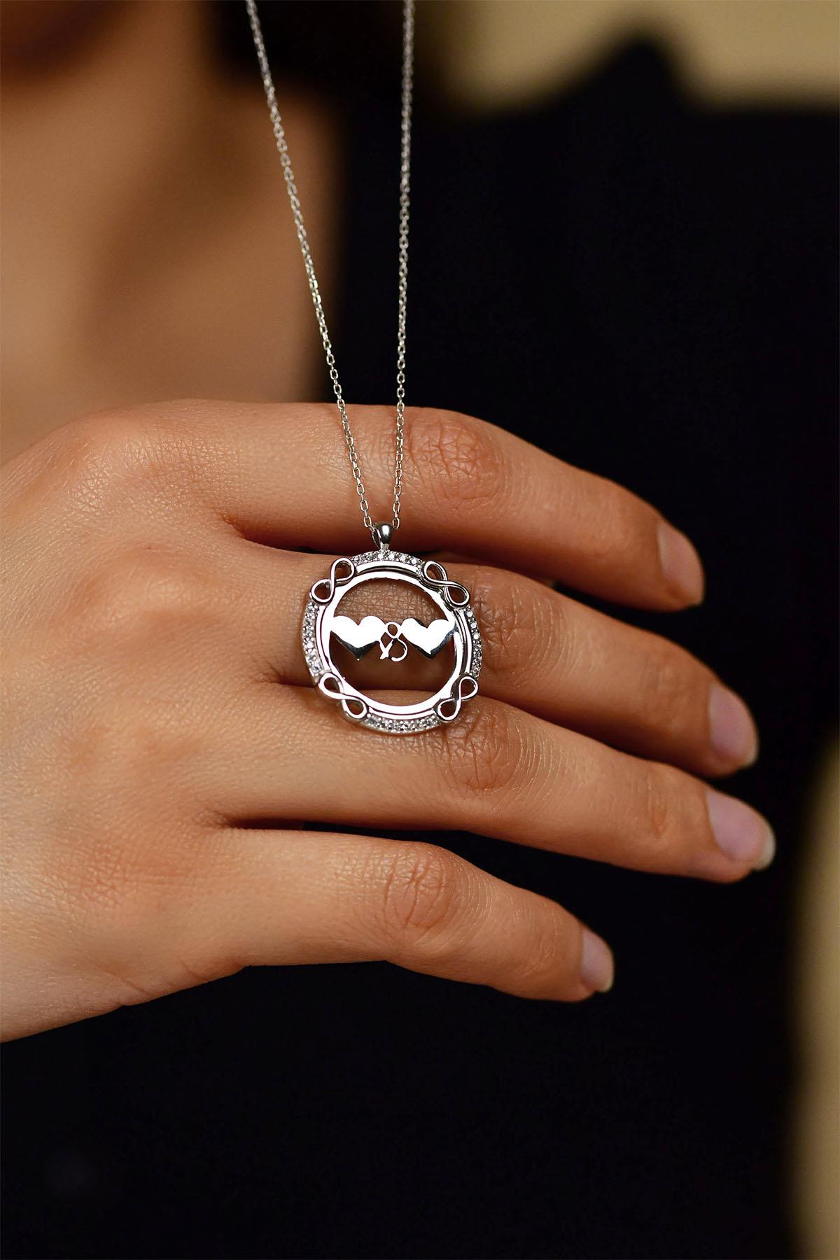 CZ Infinity Frame Personalized Pair Heart Necklace Rhodium Plated Silver