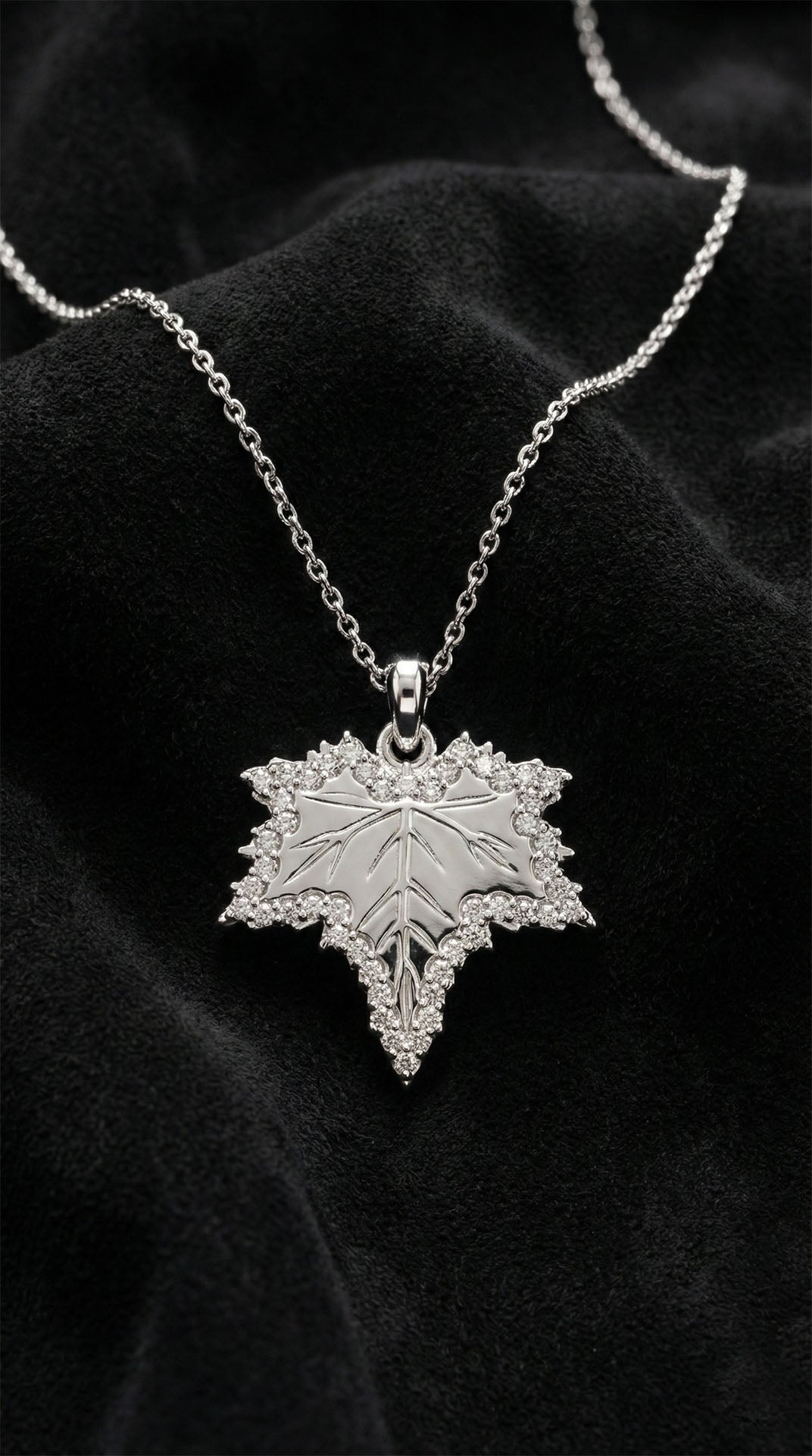 Rhodium Maple Leaf Pendant Necklace with Zircon | 925 Silver