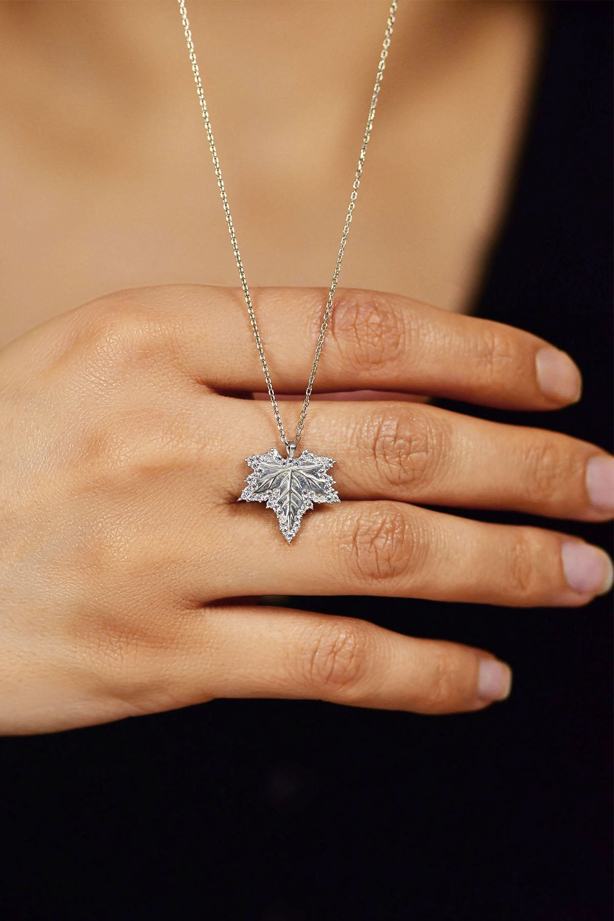Rhodium Maple Leaf Pendant Necklace with Zircon | 925 Silver