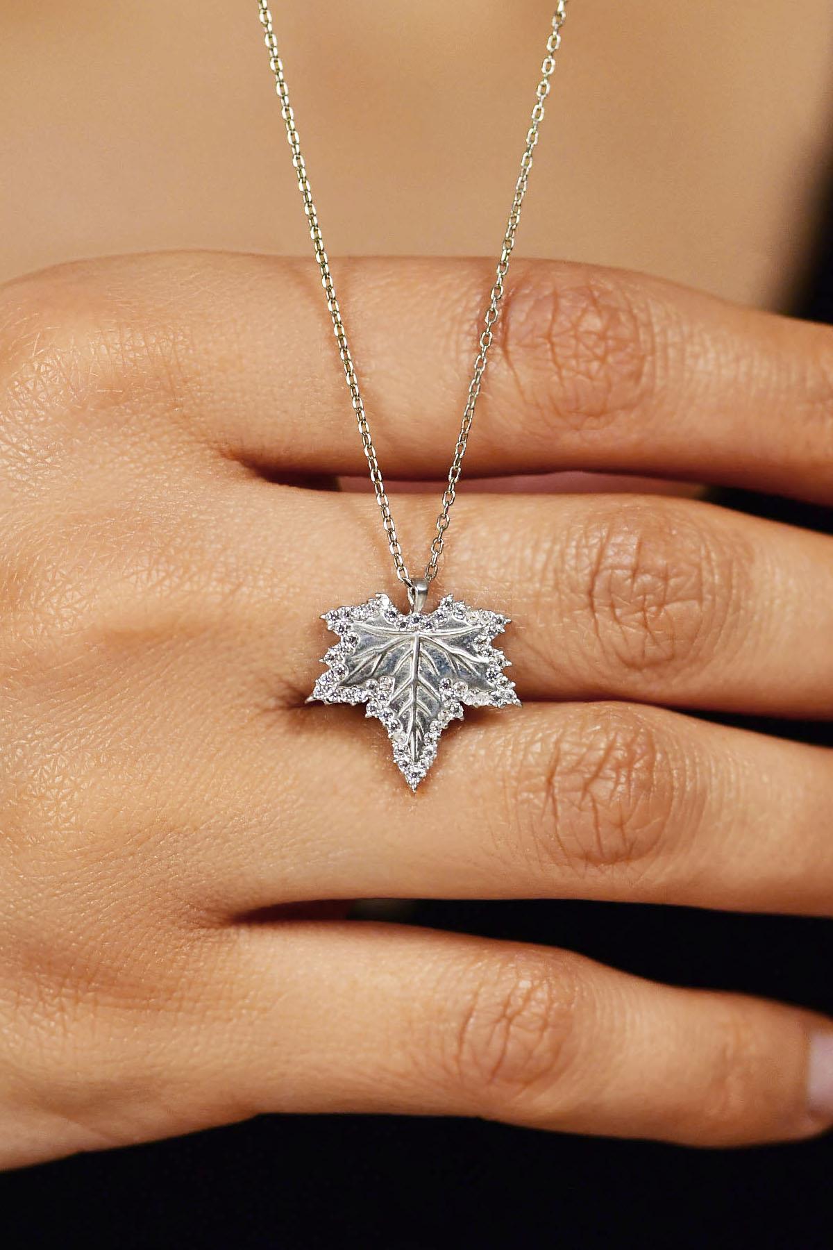 CZ Sycamore Leaf Necklace Rhodium Plated Silver
