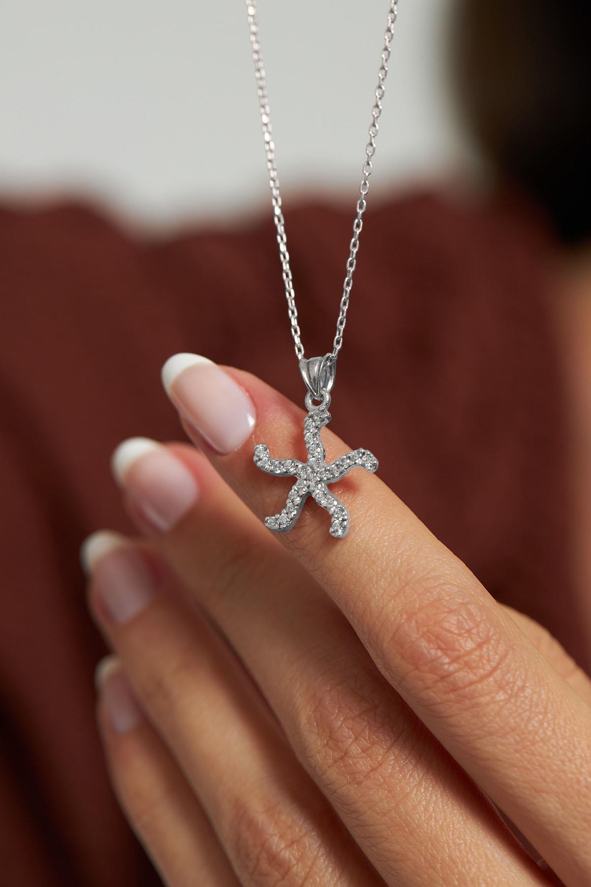 CZ Sea Star Necklace Rhodium Plated Silver