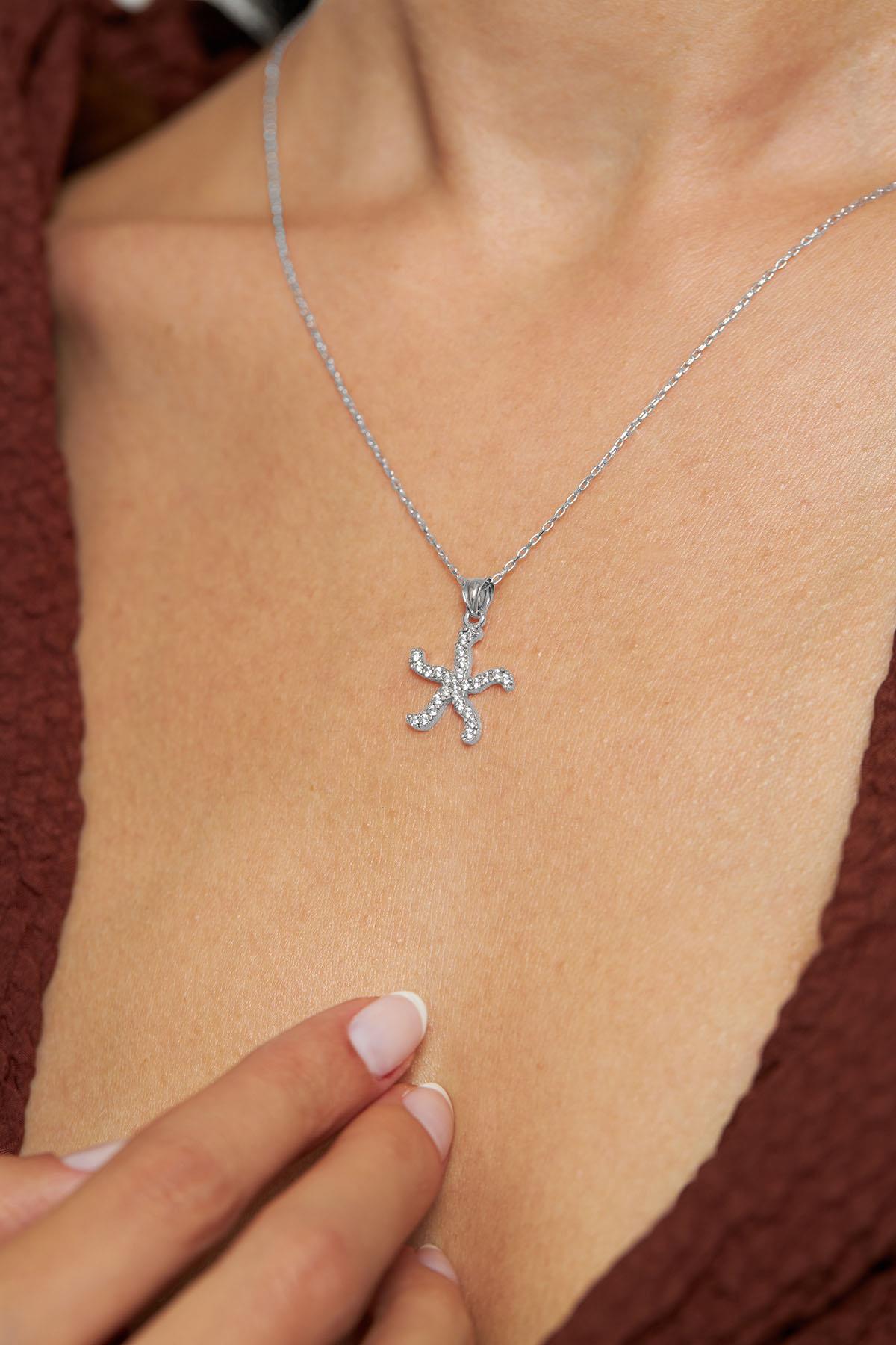 CZ Sea Star Necklace Rhodium Plated Silver