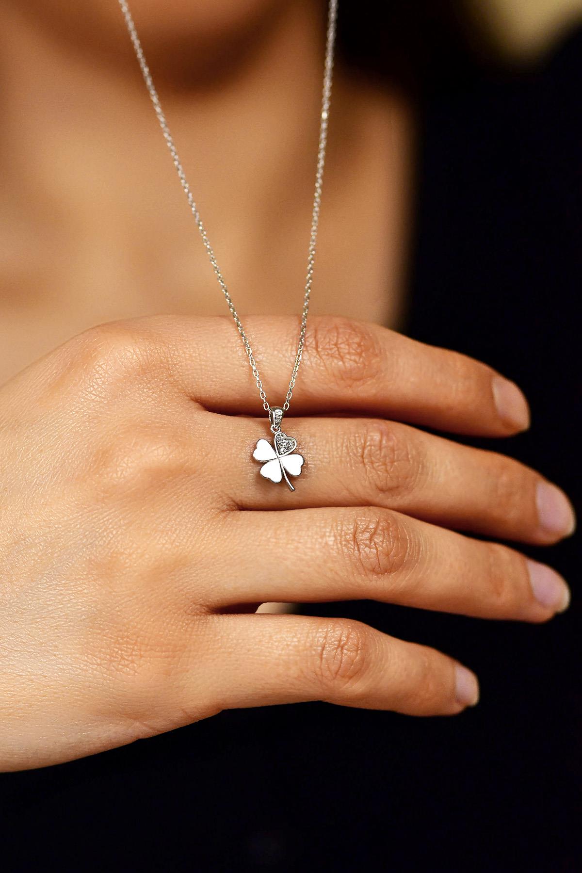 CZ Four Leaf Clover Necklace Rhodium Plated Silver