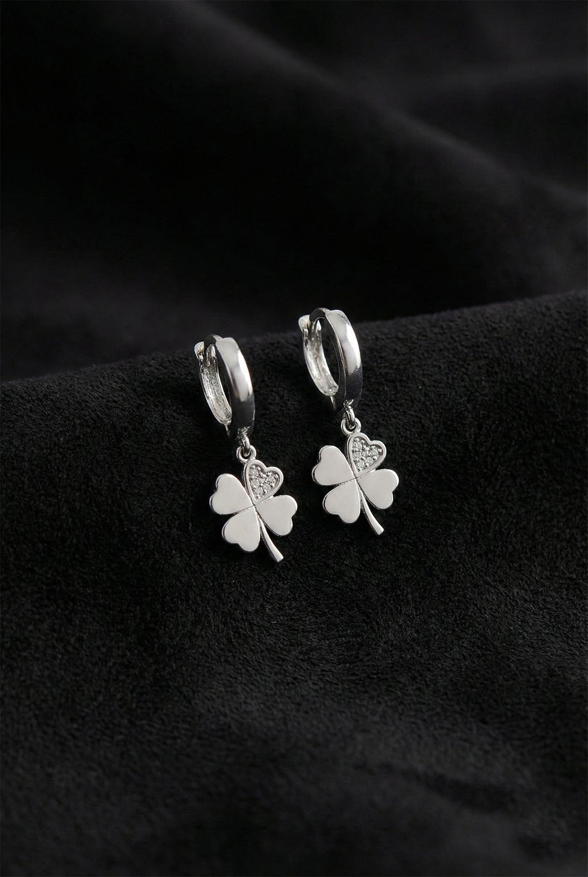 Rhodium Zircon Four Leaf Clover Hoop Earrings in 925 sterling silver