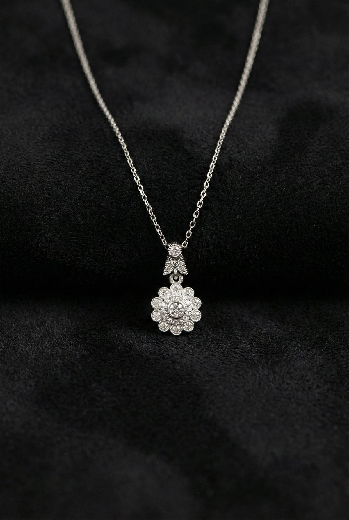 Rhodium Zircon Floral Cluster Pendant Necklace in 925 sterling silver