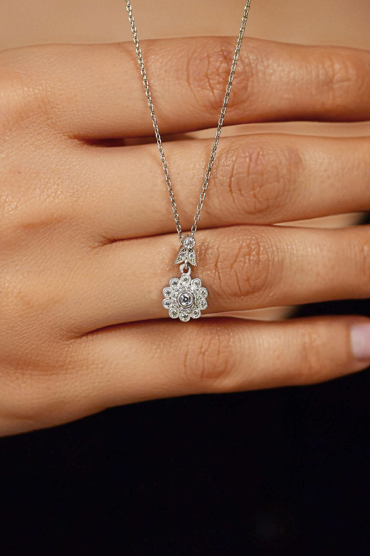 Rhodium-Plated Diamond-Simulant Zircon Flower Silver Necklace