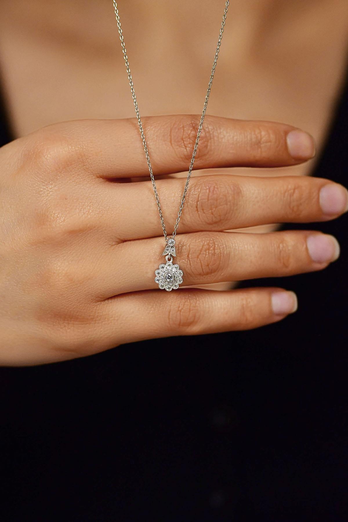 Rhodium-Plated Diamond-Simulant Zircon Flower Silver Necklace