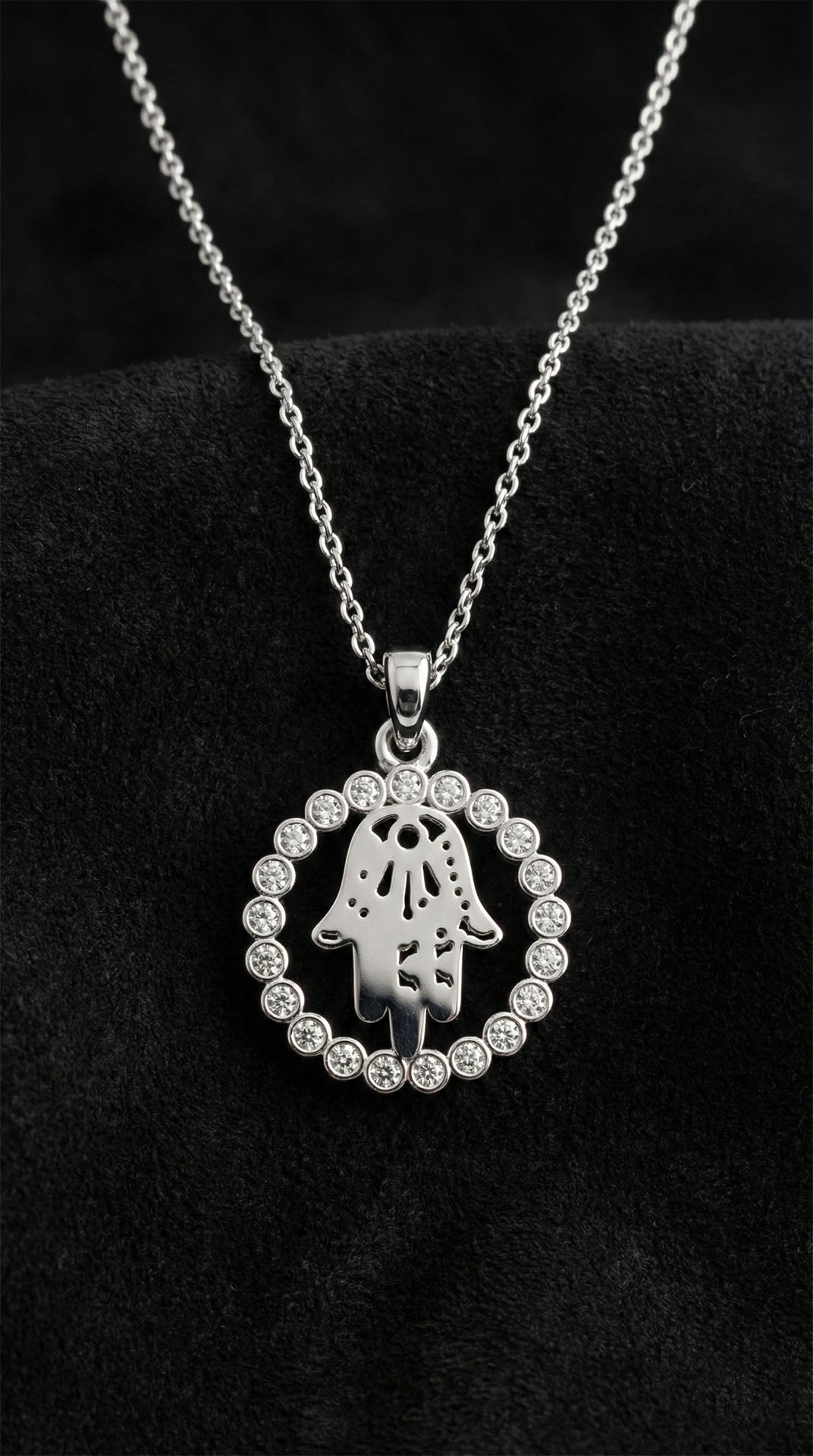 Rhodium Hamsa Hand Necklace with Zircon in 925 sterling silver