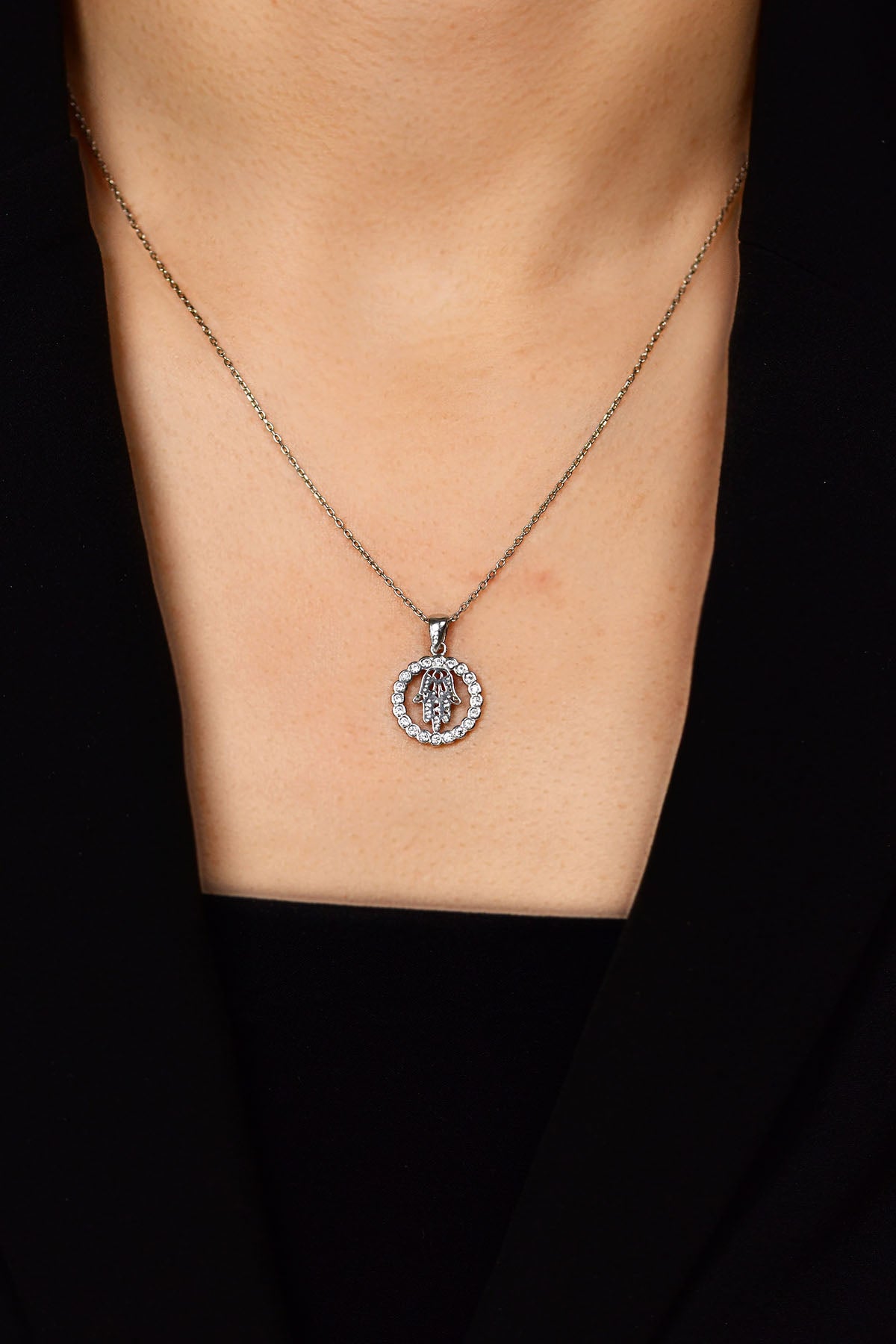Rhodium Hamsa Hand Necklace with Zircon in 925 sterling silver - view 2