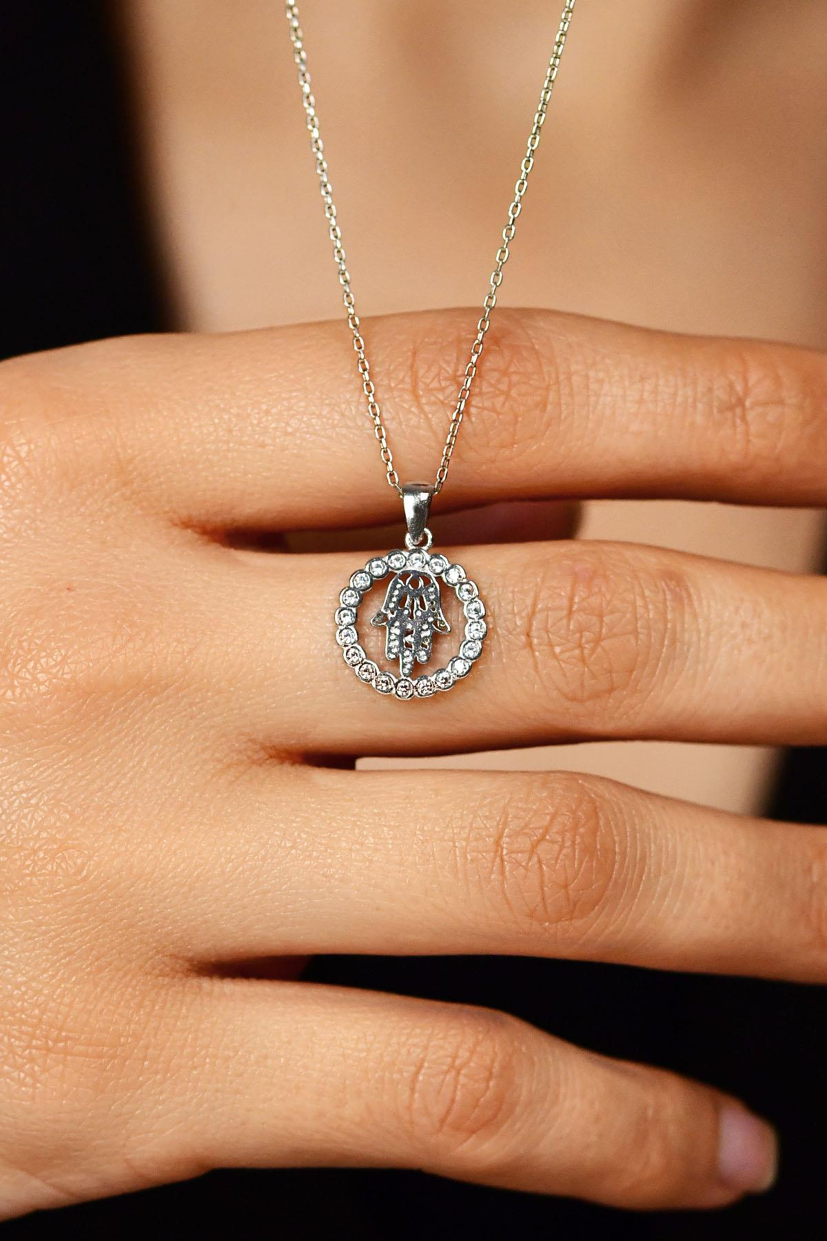 CZ Hamsa Hand Heritage Necklace Rhodium Plated Silver