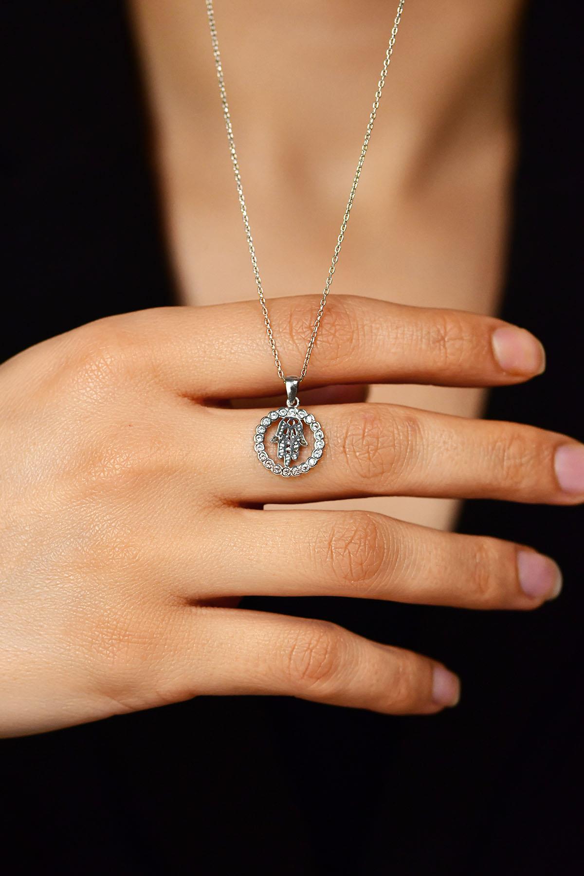 CZ Hamsa Hand Heritage Necklace Rhodium Plated Silver
