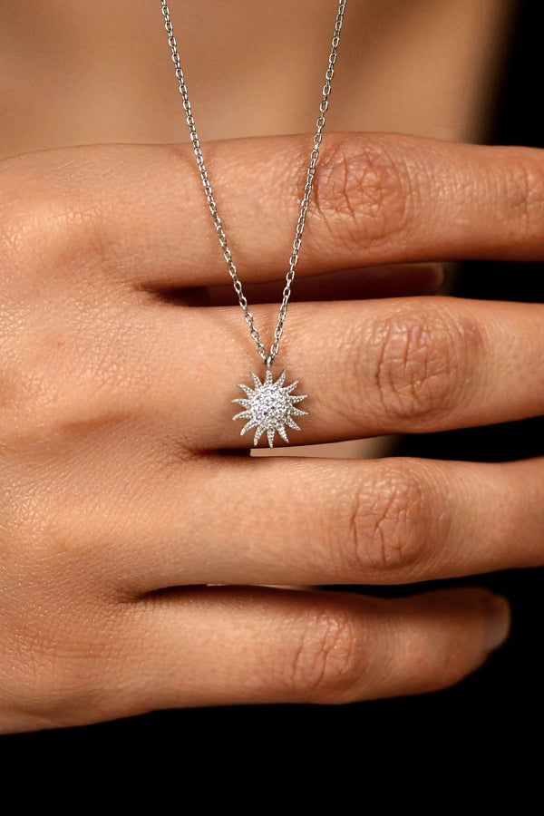 Rhodium Sun Minimal Silver Necklace with Zircon Stone
