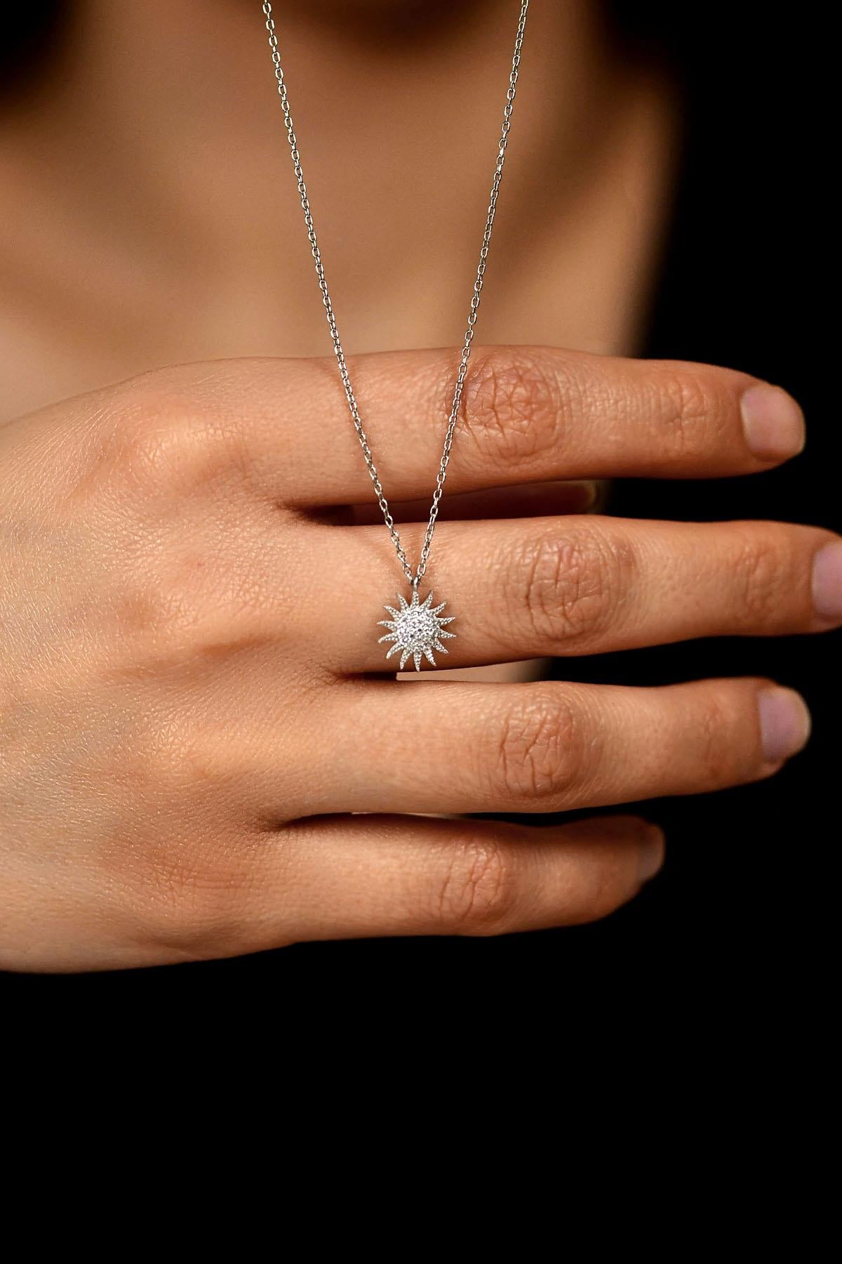 CZ Sun Minimalist Necklace Rhodium Plated Silver