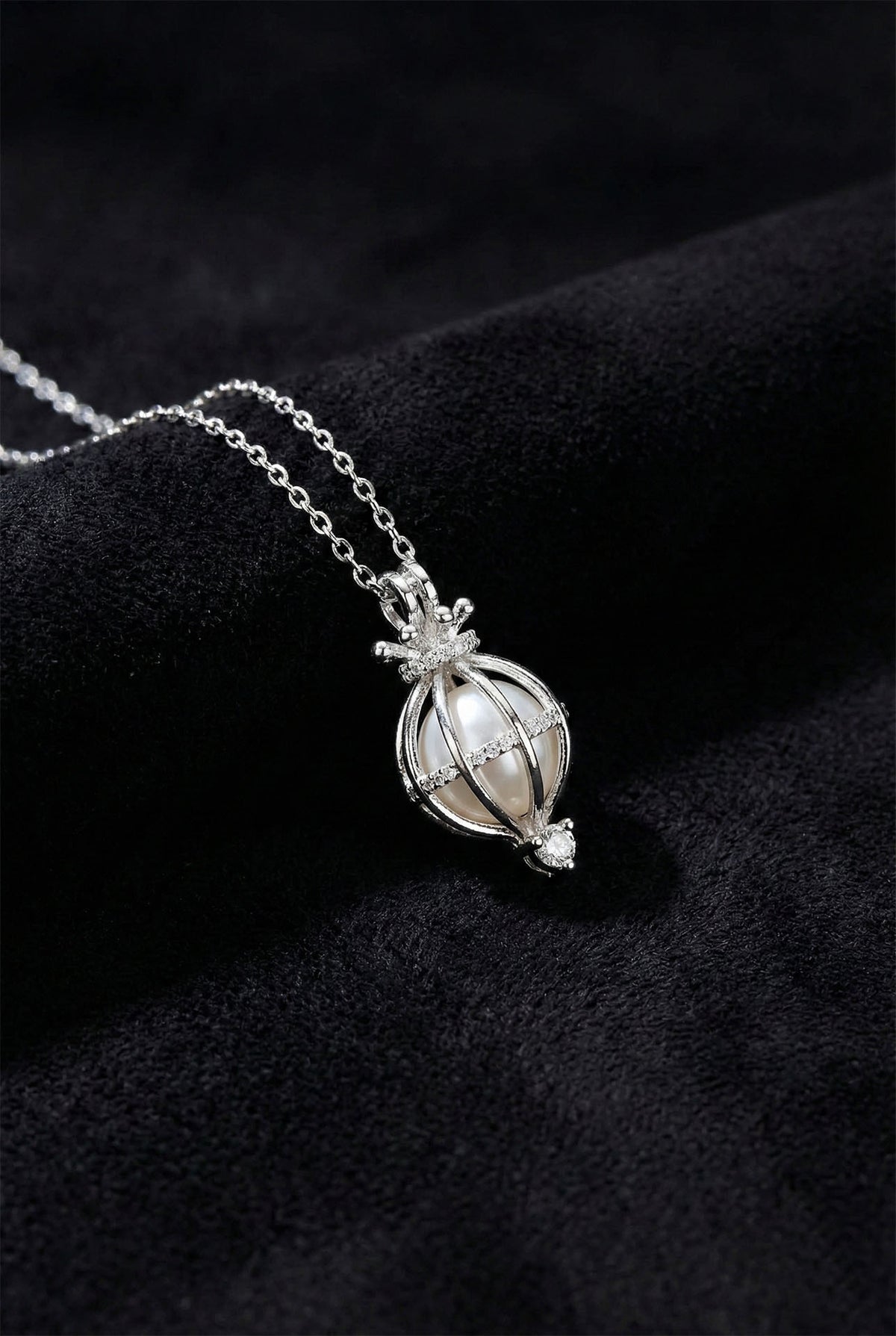 Rhodium Pearl Cage Pendant Necklace in 925 sterling silver