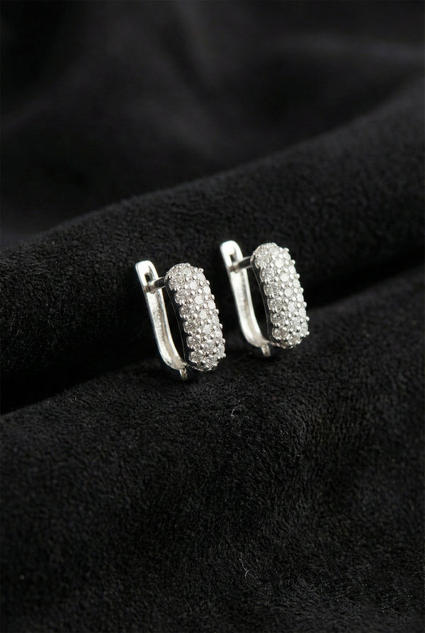 Créoles Huggies en forme de J en rhodium et zircon | Argent 925