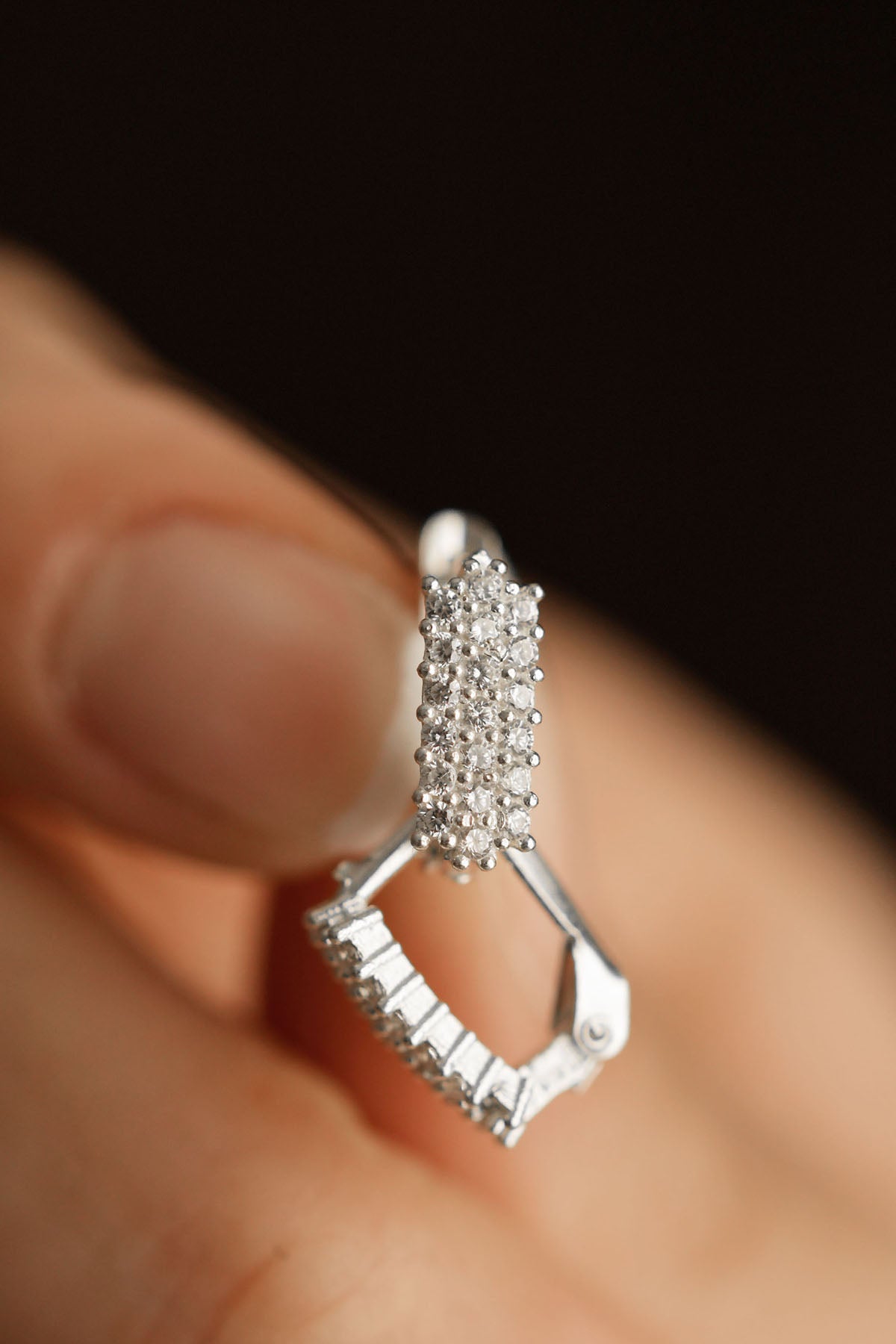 Rhodium Zircon J-Shape Huggie Hoop Earrings in 925 sterling silver - view 2