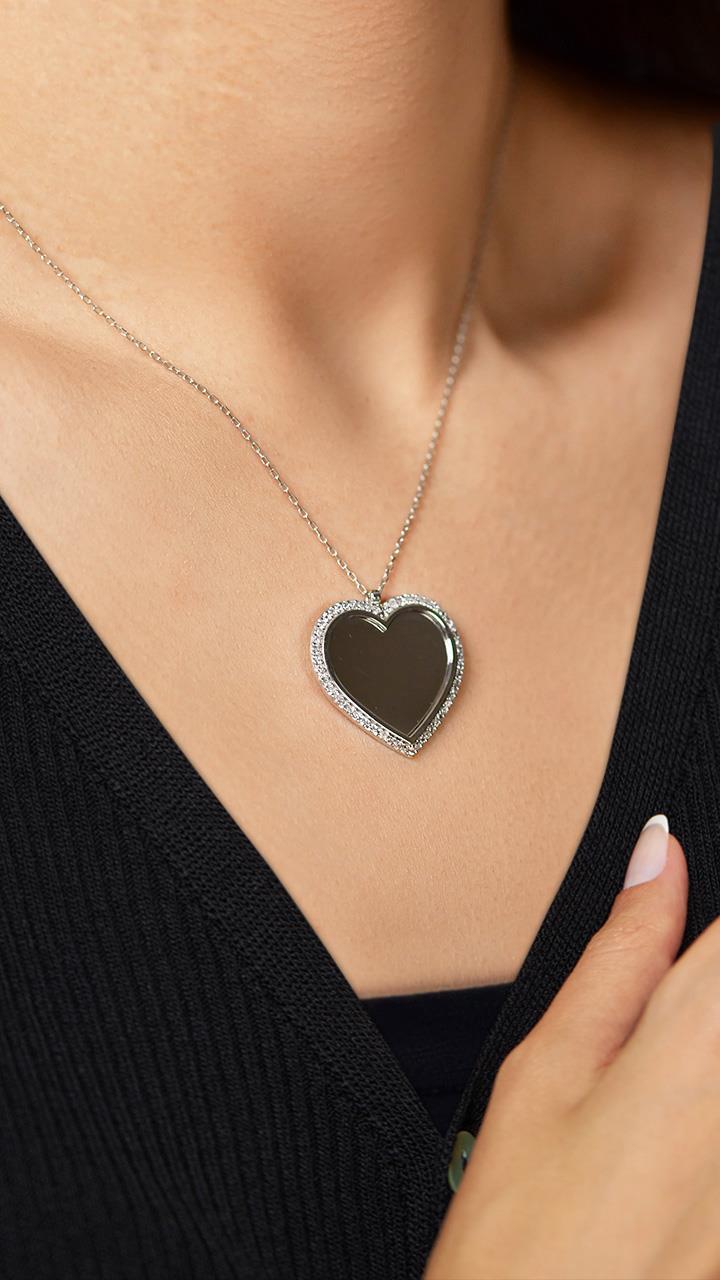 CZ Heart Personalized Necklace Rhodium Plated Silver