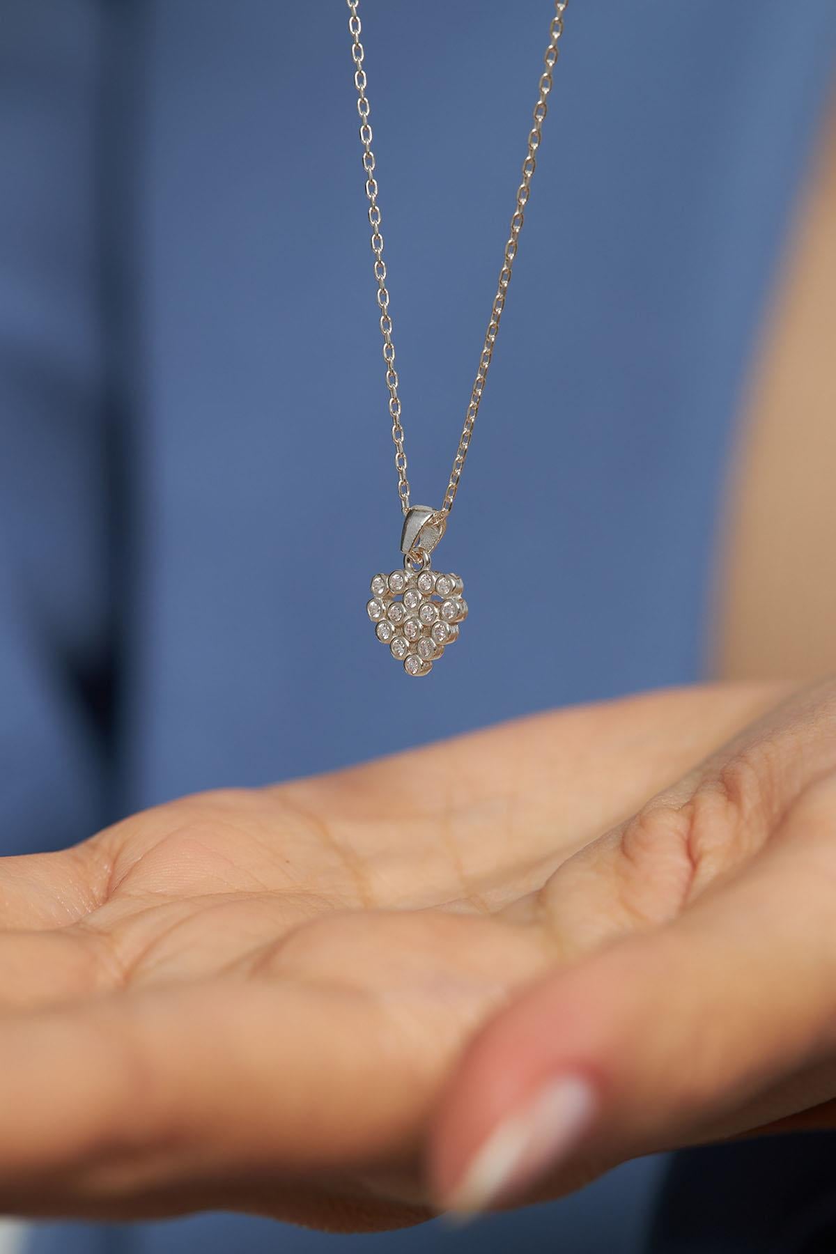 CZ Heart Style Minimalist Necklace Rhodium Plated Silver