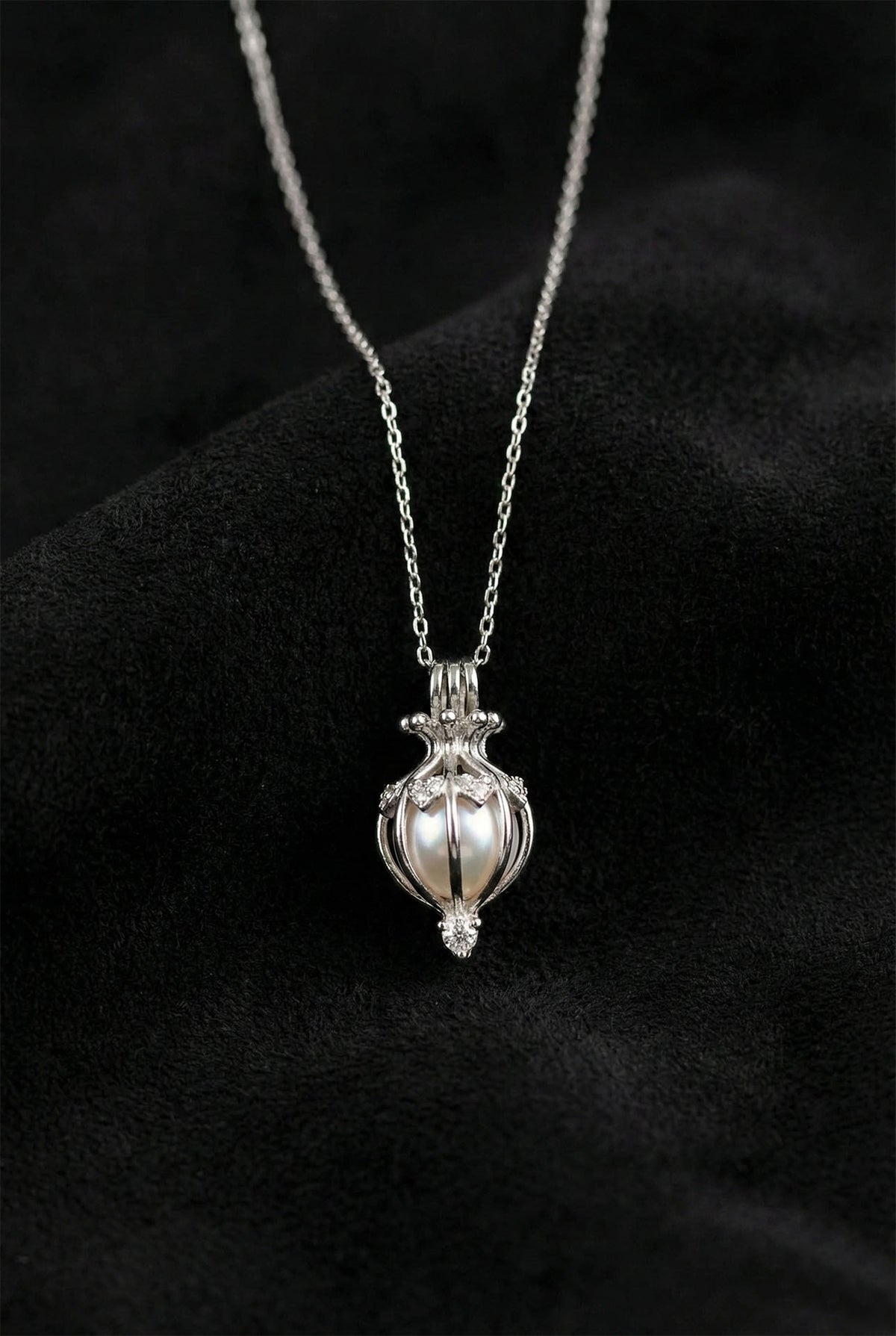 Rhodium Pearl Cage Heart Pendant Necklace in 925 sterling silver