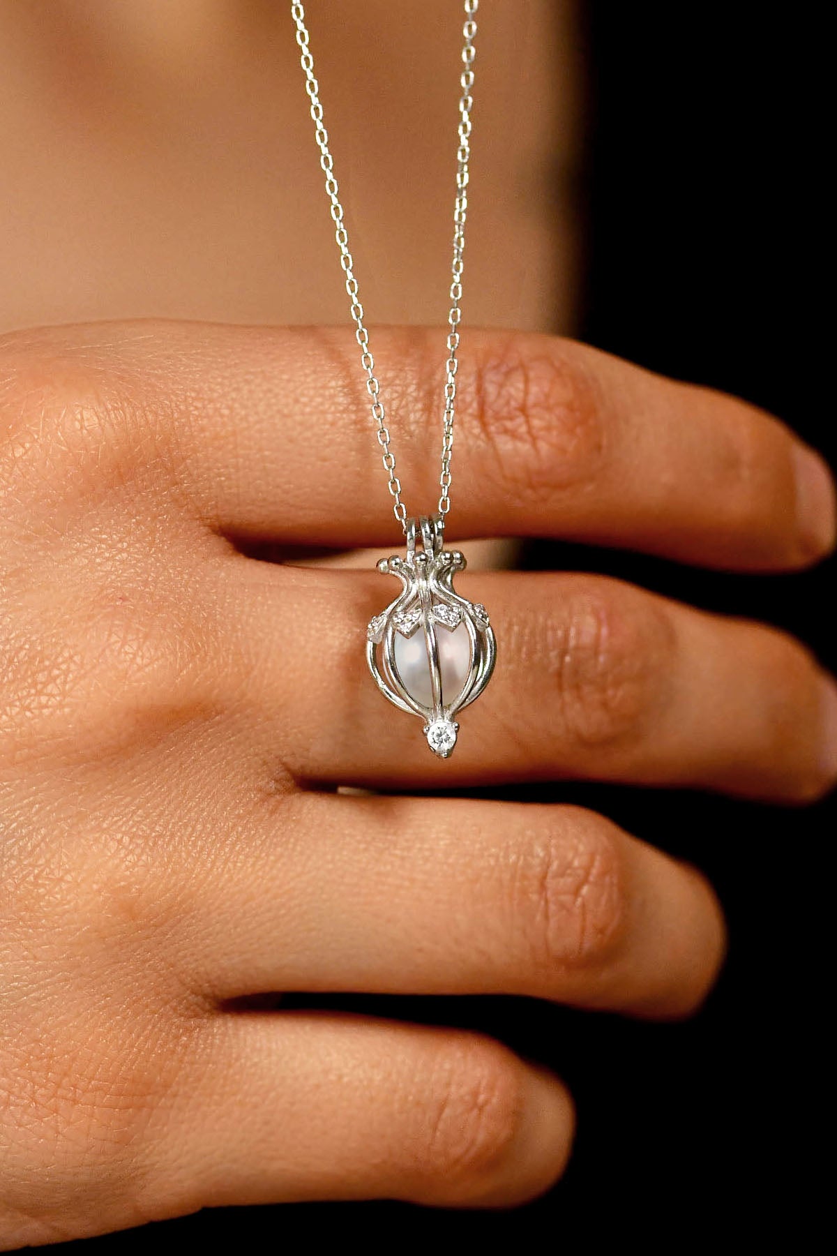Rhodium Pearl Cage Heart Pendant Necklace in 925 sterling silver - view 2