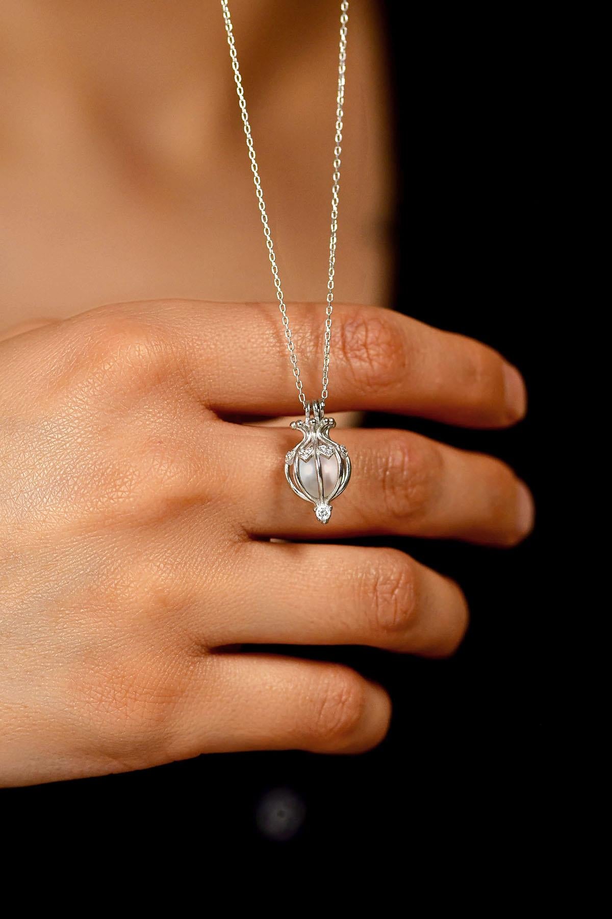 CZ Heart Motif Pearl Cage Necklace Rhodium Plated Silver