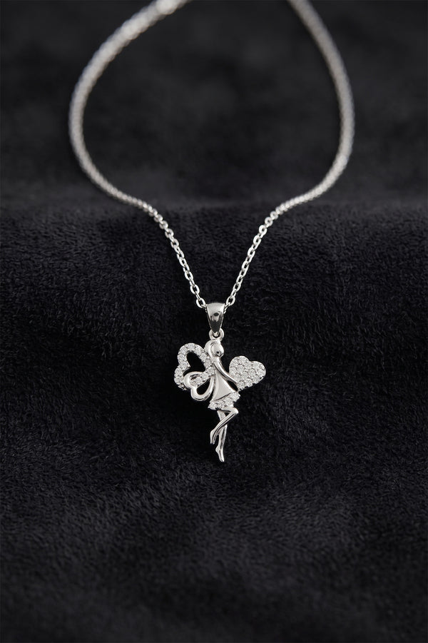 Rhodium Plated Zircon Heart Fairy Necklace | 925 Silver