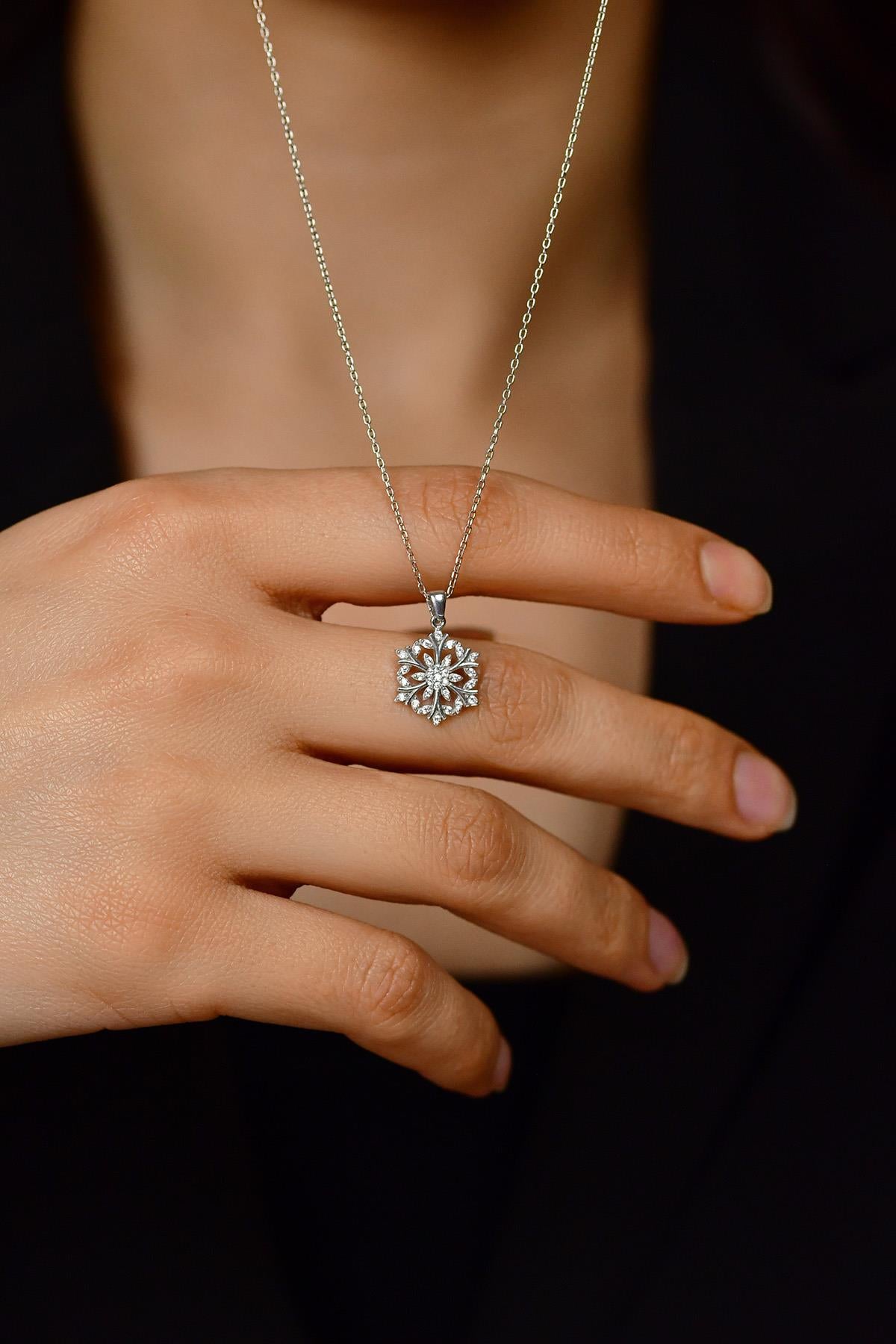 CZ Floral Snowflake Necklace Rhodium Plated Silver