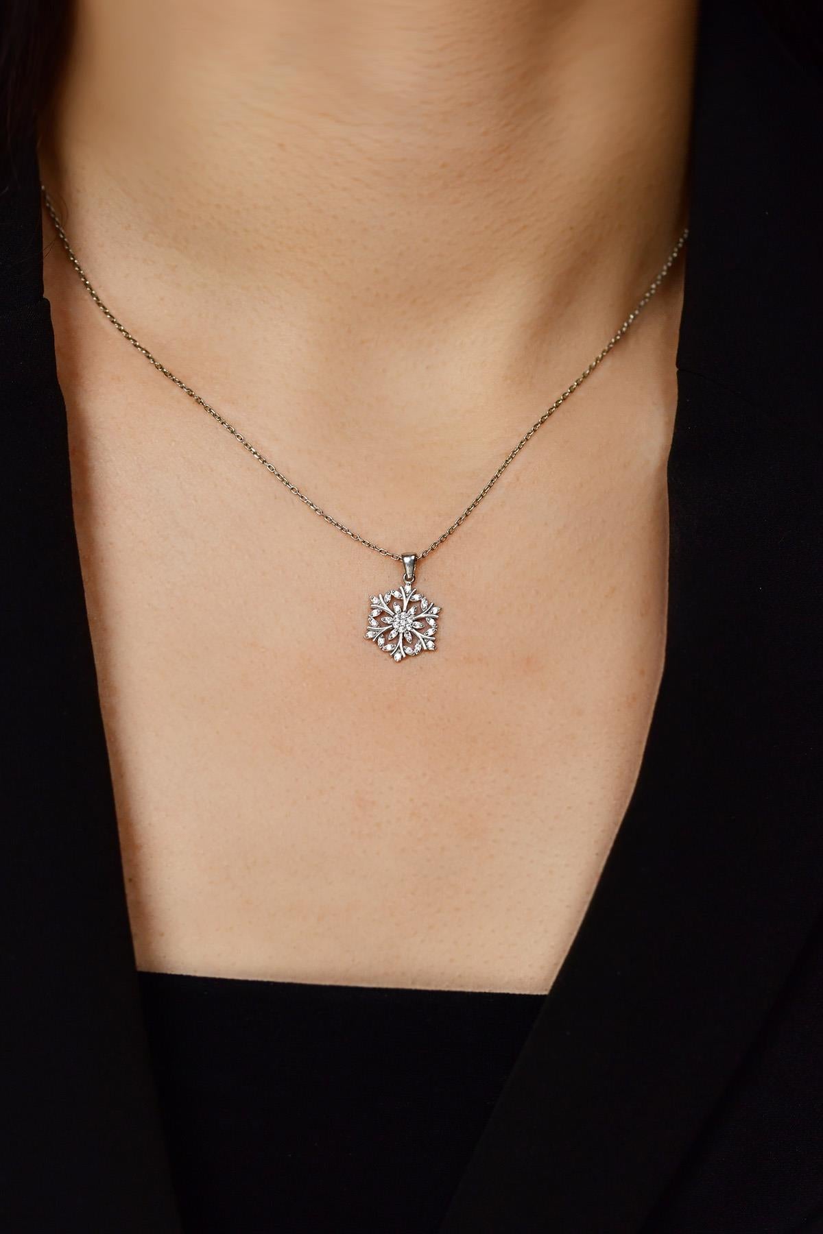 CZ Floral Snowflake Necklace Rhodium Plated Silver