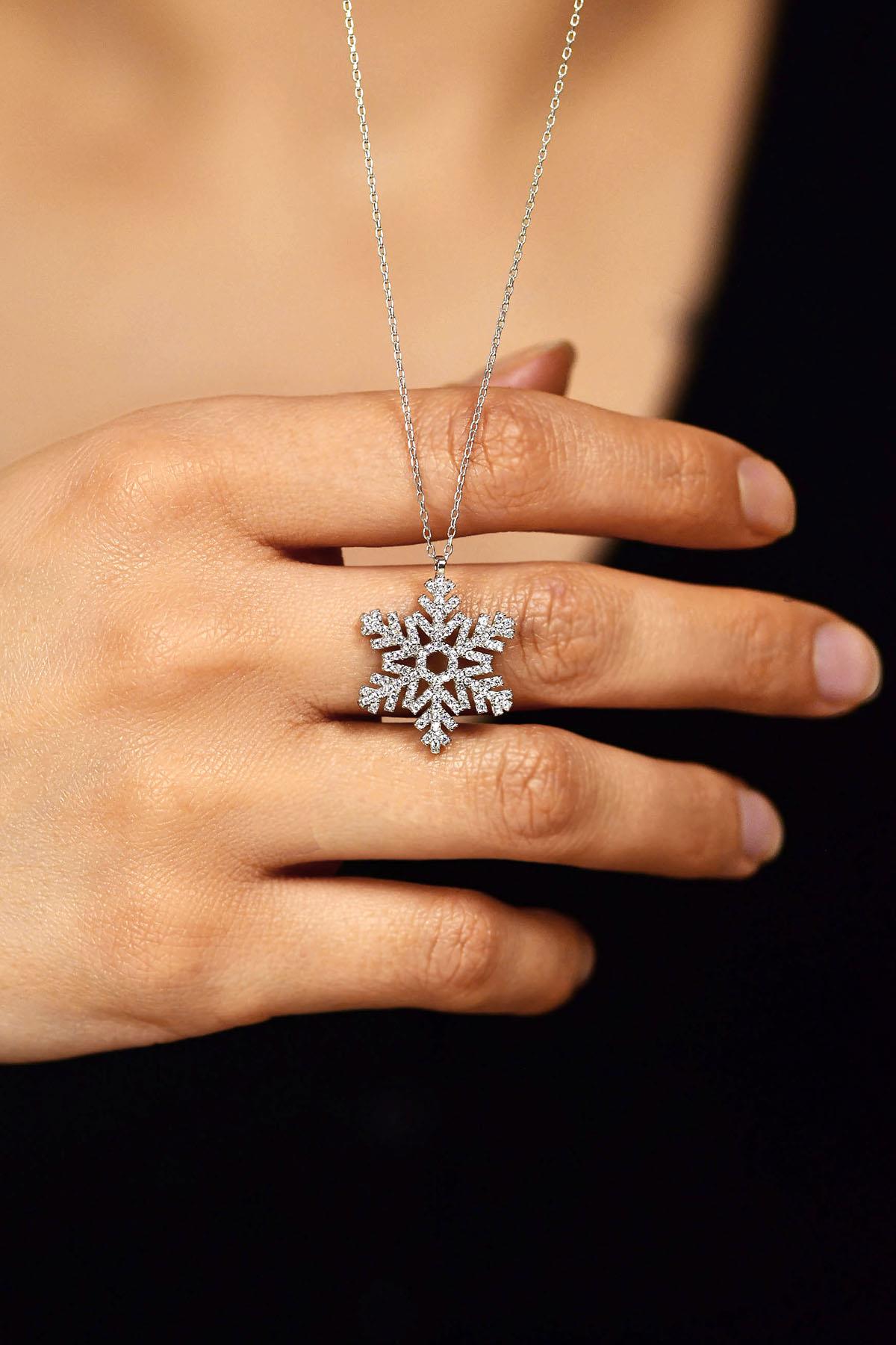 CZ Open Snowflake Necklace Rhodium Plated Silver