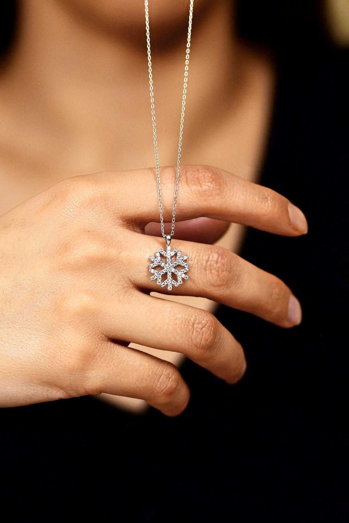 CZ Lace Snowflake Necklace Rhodium Plated Silver