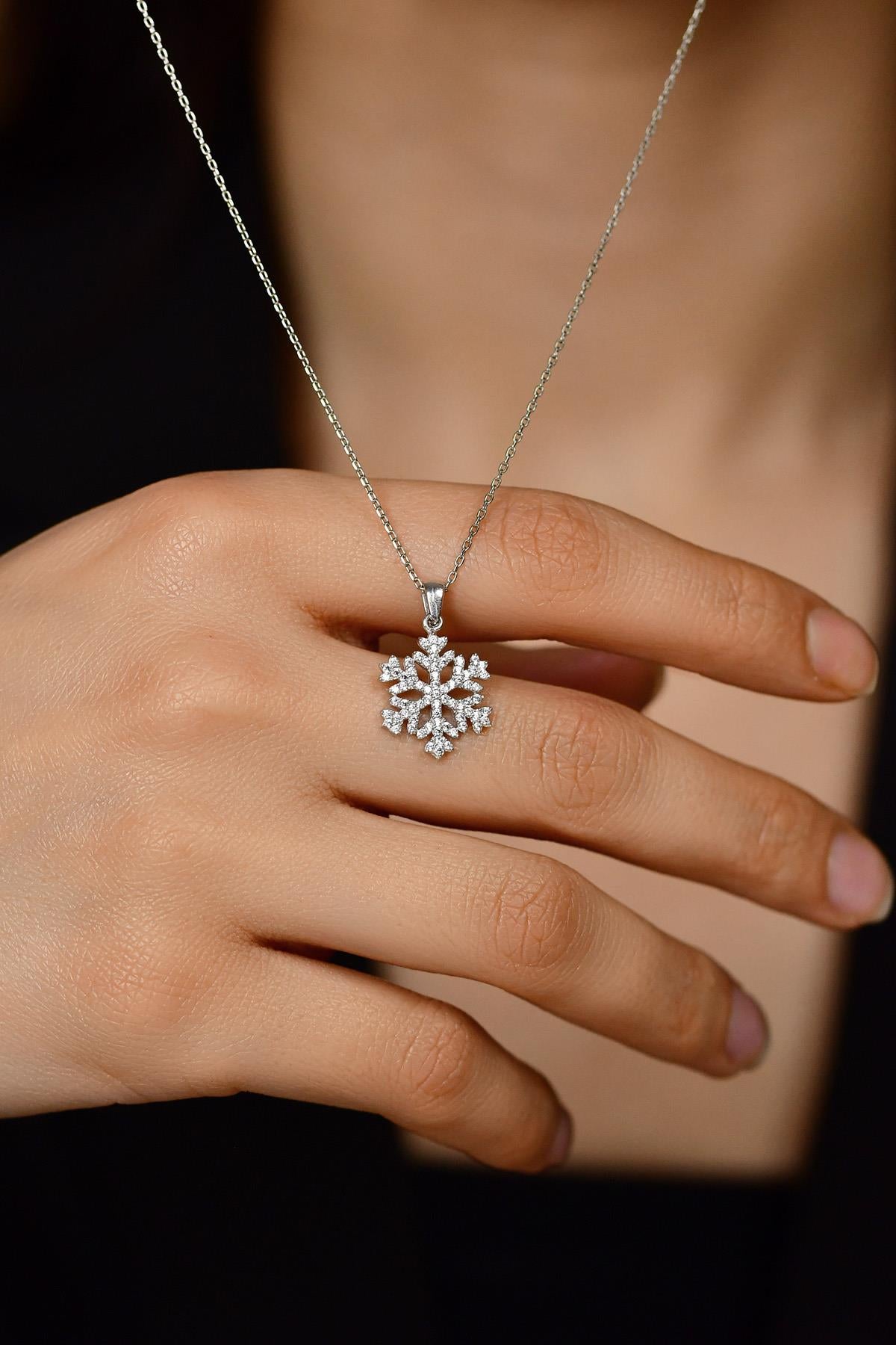 CZ Star Snowflake Necklace Rhodium Plated Silver