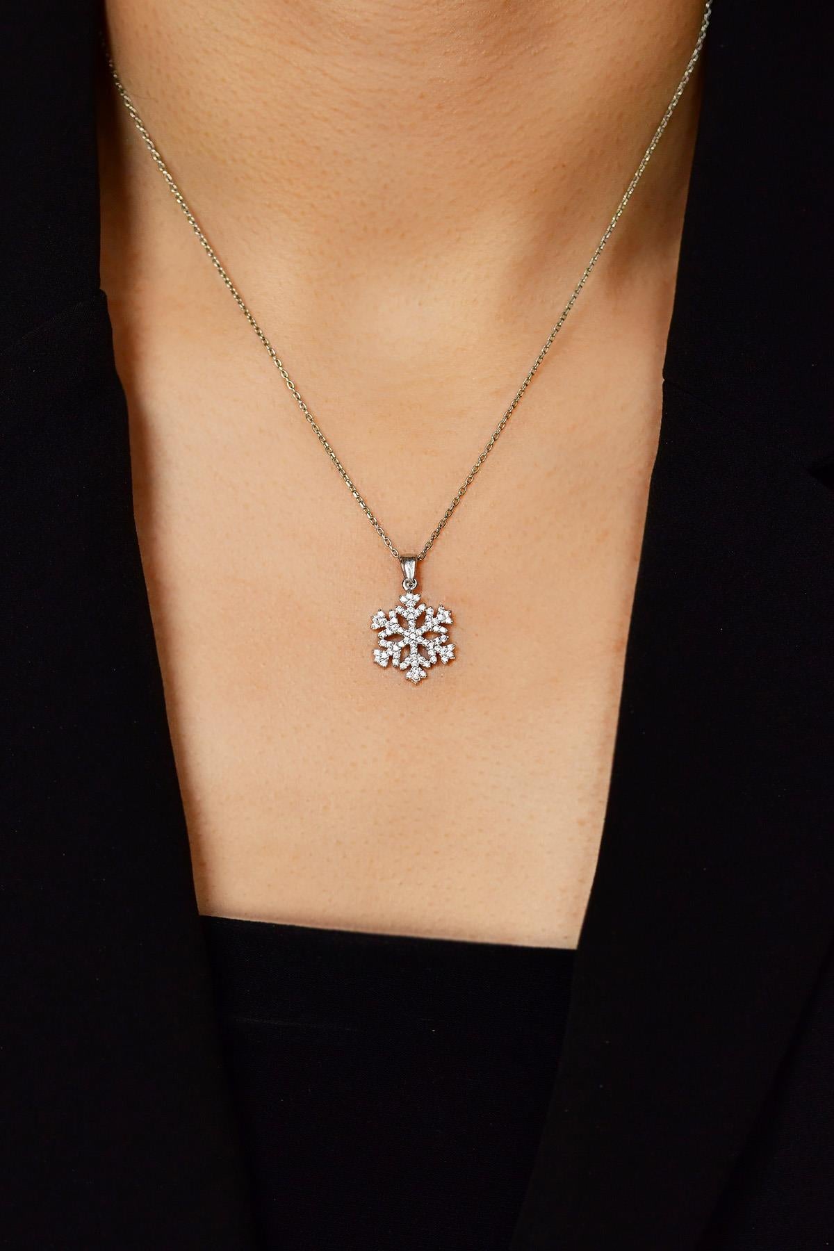 CZ Star Snowflake Necklace Rhodium Plated Silver