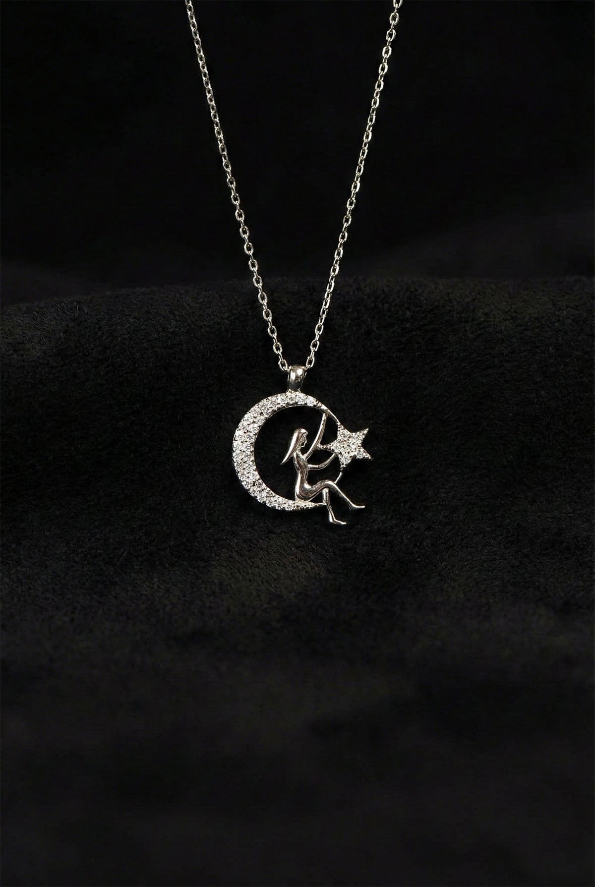 Zircon Moon & Star Girl Pendant Necklace in 925 sterling silver