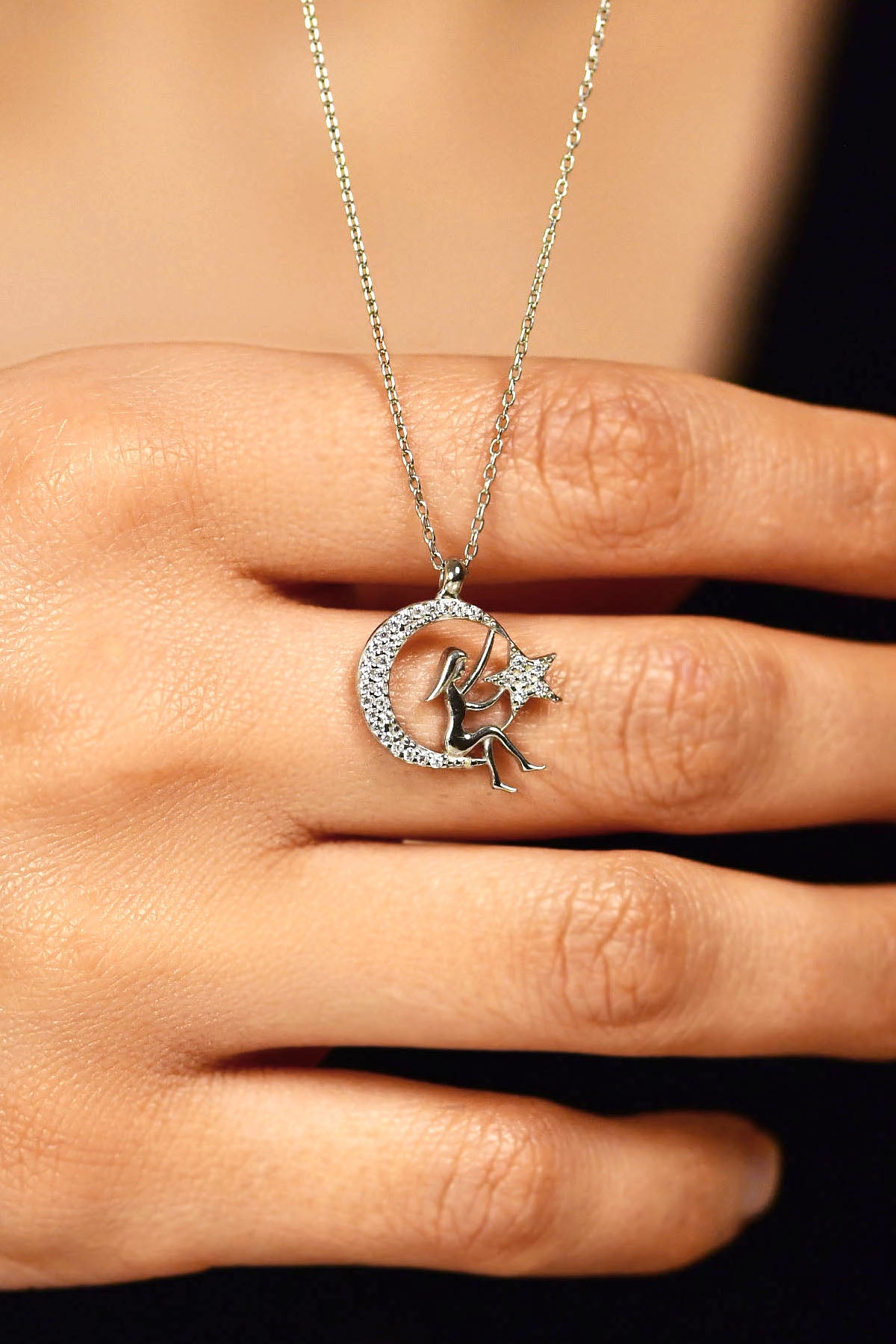 Zircon Moon & Star Girl Pendant Necklace in 925 sterling silver - view 2