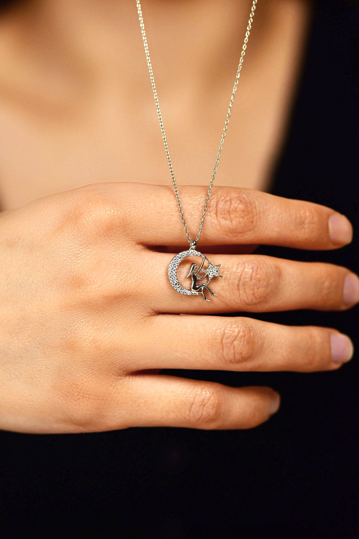 Zircon Moon & Star Girl Pendant Necklace | 925 Silver