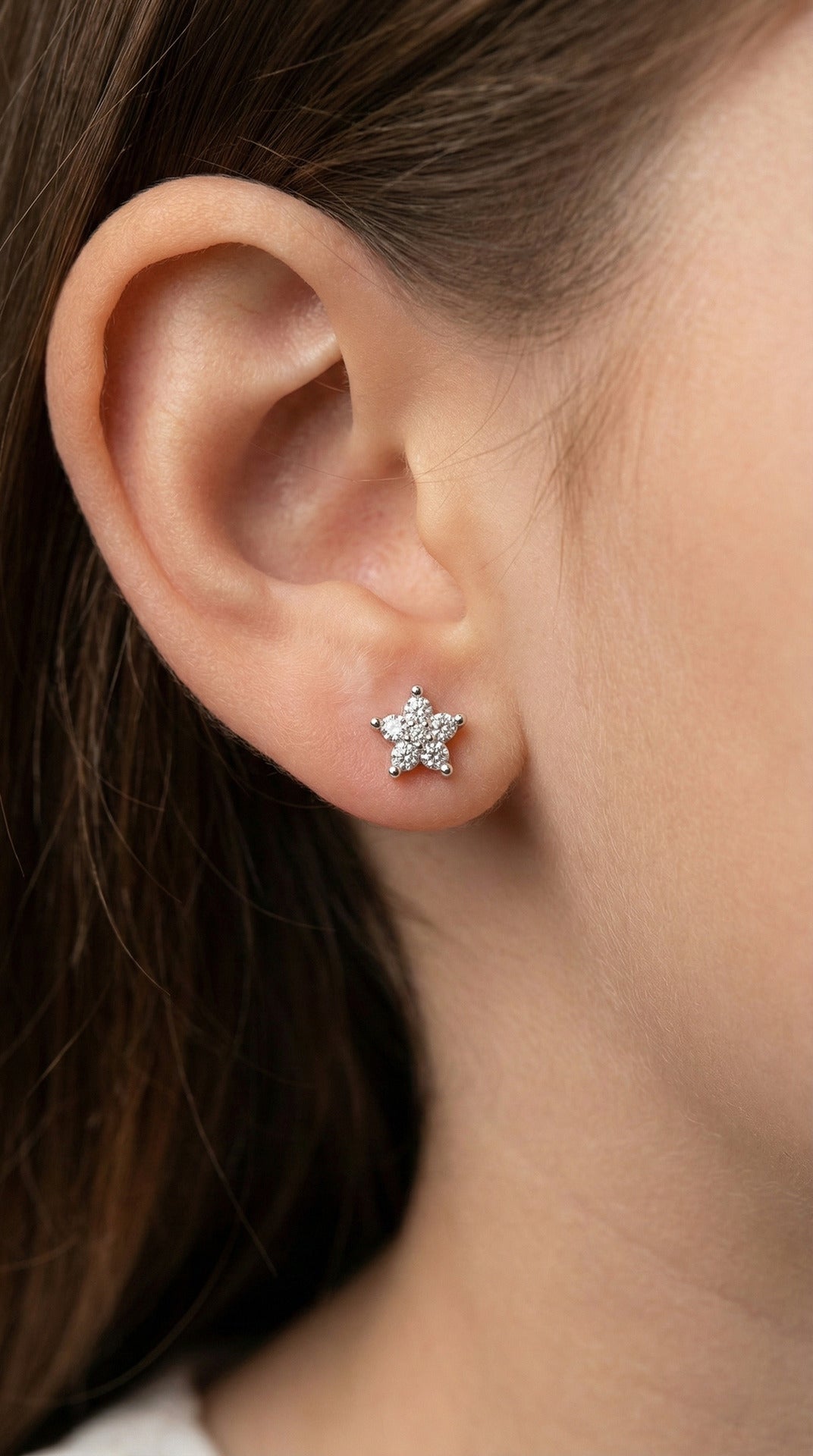 Rhodium Magnolia Flower Stud Silver Earrings with Zircon Stone
