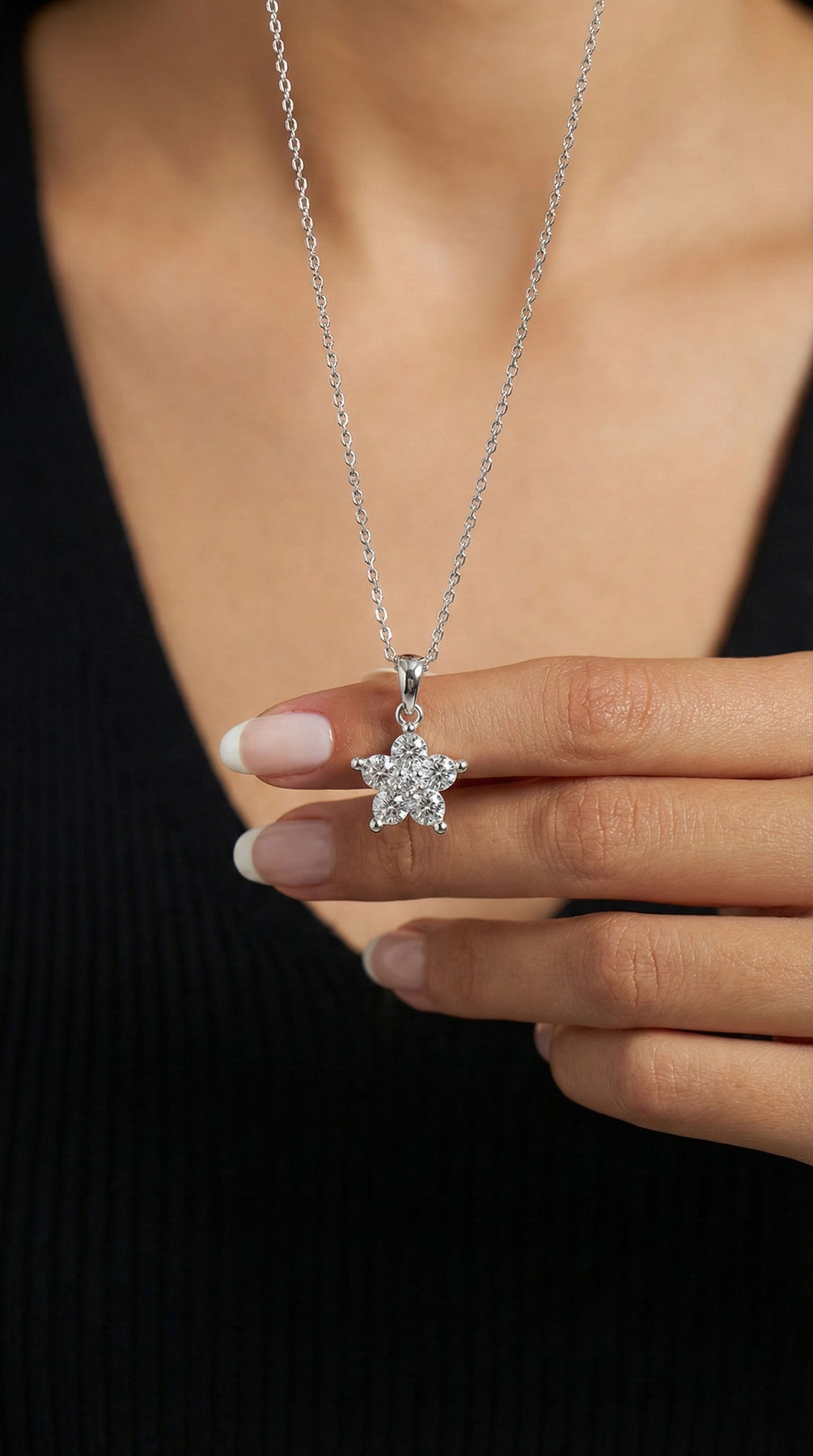 CZ Magnolia Flower Necklace Rhodium Plated Silver