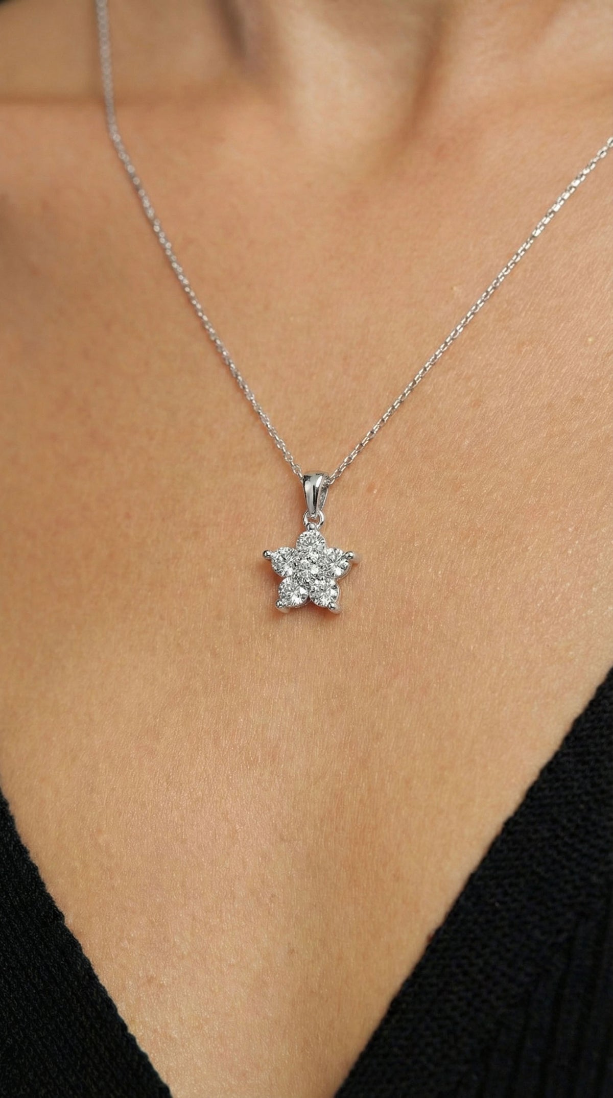 Rhodium Zircon Magnolia Flower Necklace in 925 sterling silver - view 3