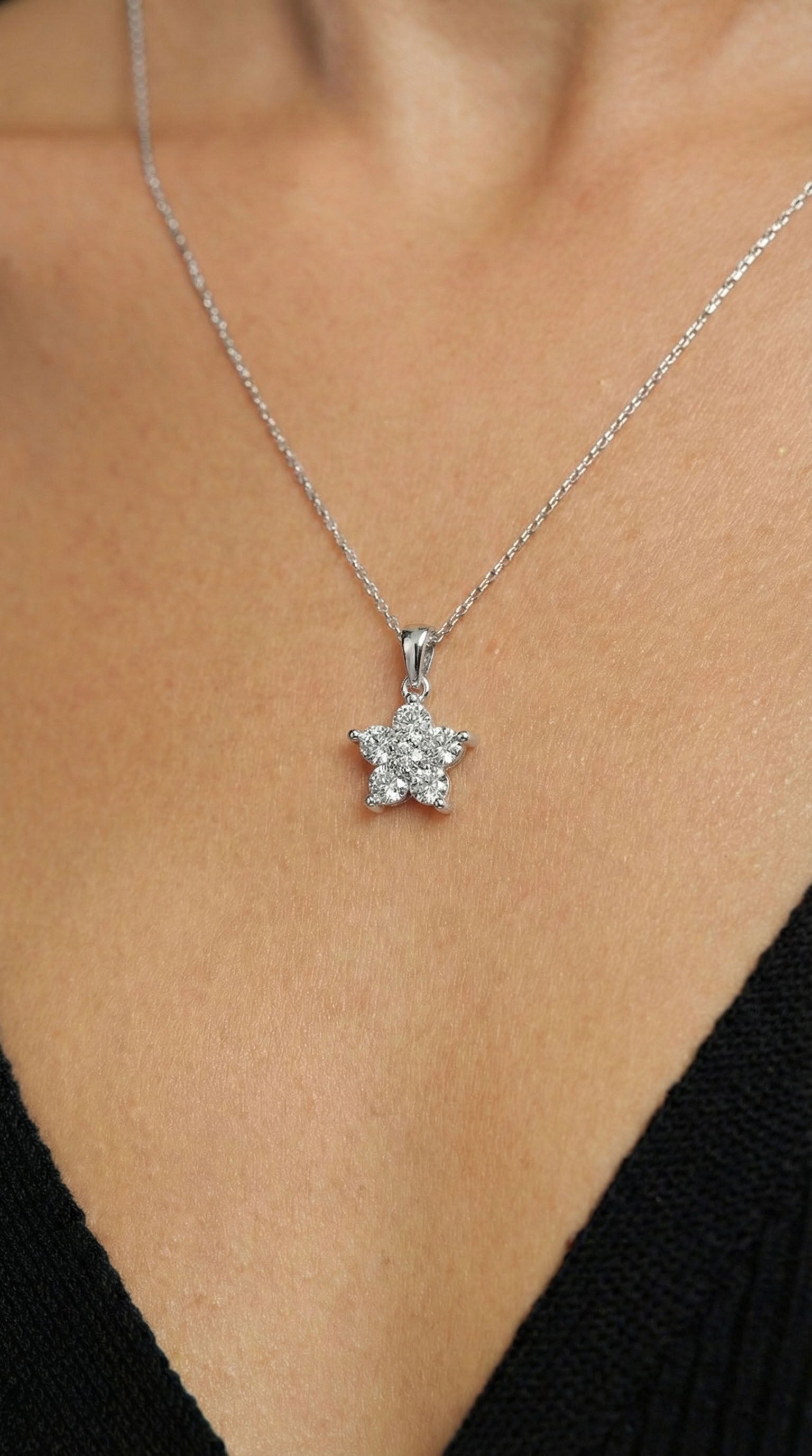 CZ Magnolia Flower Necklace Rhodium Plated Silver