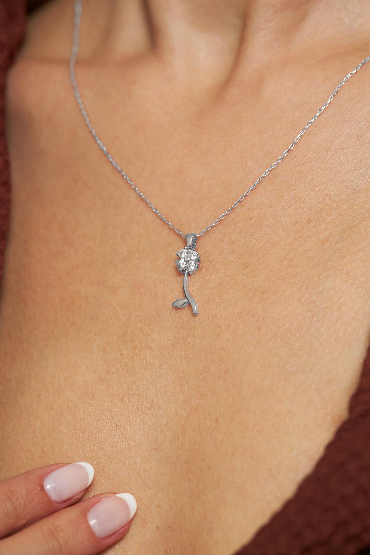 CZ Minimalist Clover Necklace Rhodium Plated Silver