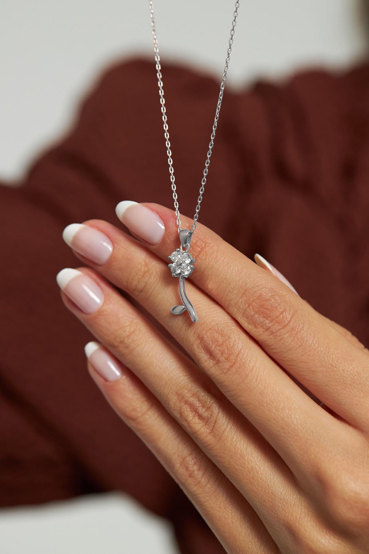 CZ Minimalist Clover Necklace Rhodium Plated Silver